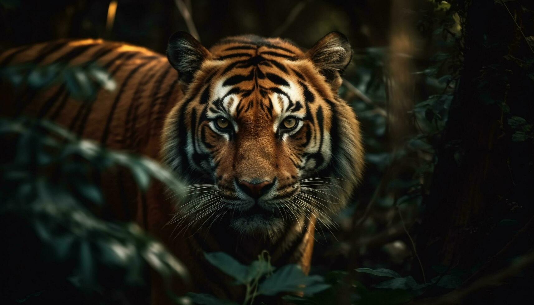 majestueus Bengalen tijger staren, schuilplaats in wildernis gegenereerd door ai foto