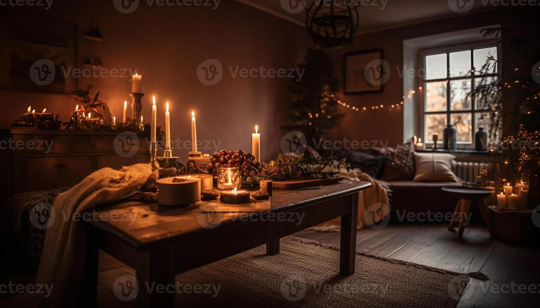 knus leven kamer verlichte door kaarslicht vlam gegenereerd door ai foto