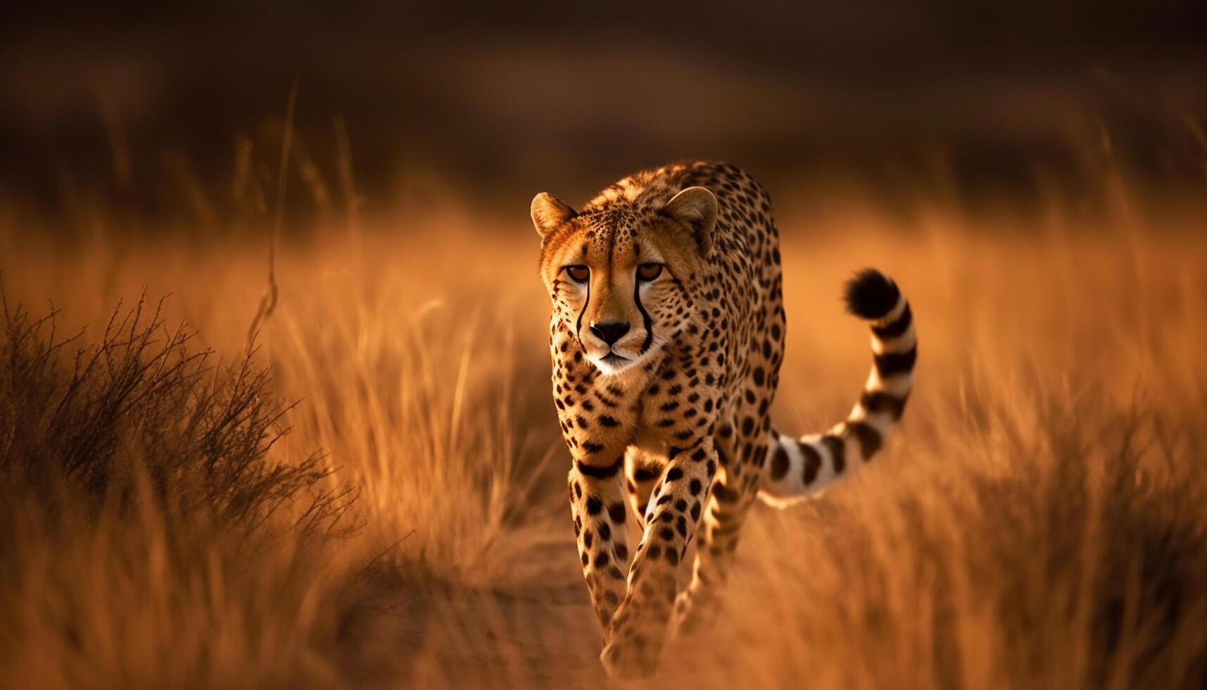 majestueus Jachtluipaard wandelen in Afrikaanse savanne zonsondergang gegenereerd door ai foto