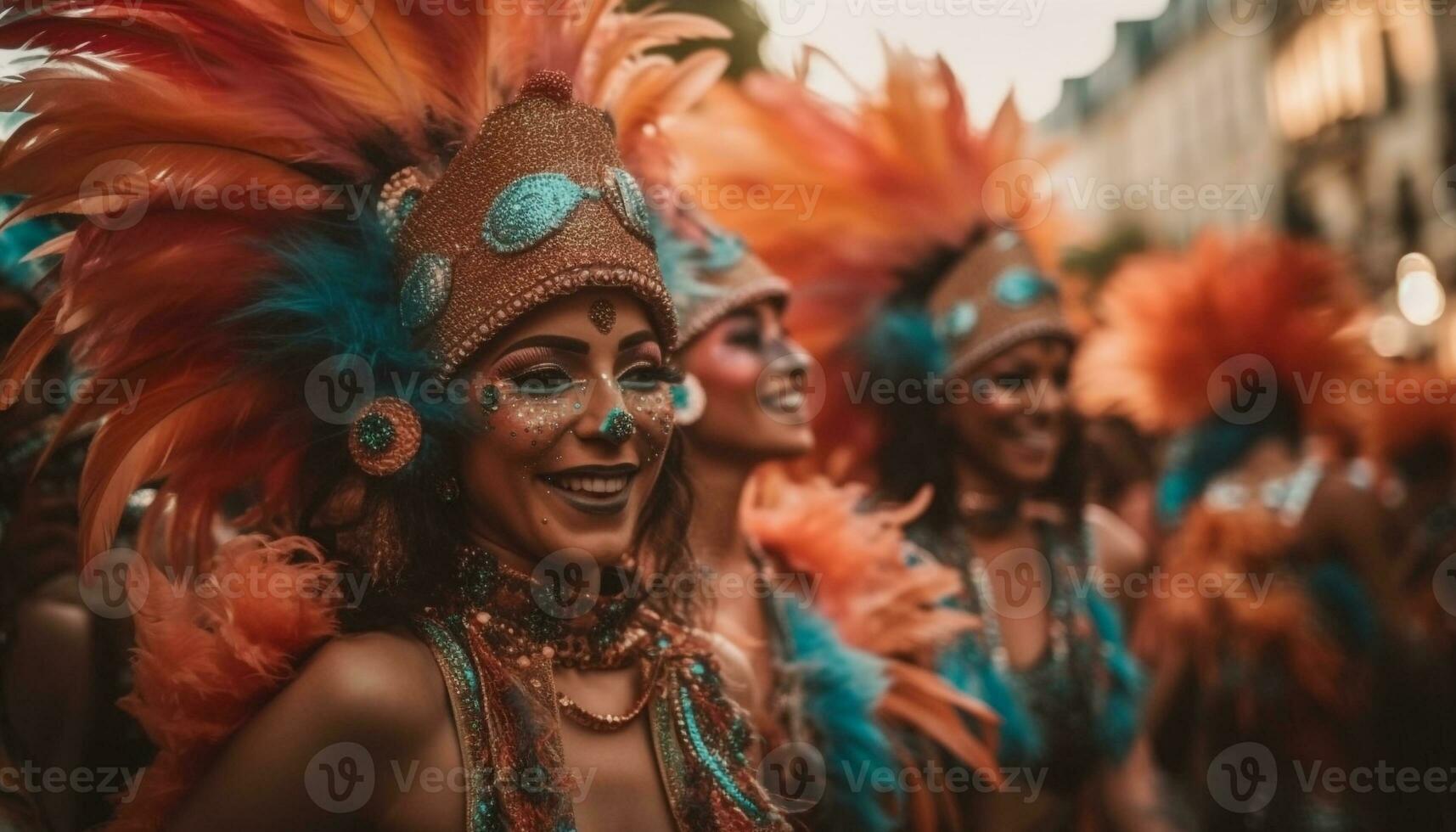 glimlachen jong Dames samba dansen in optocht gegenereerd door ai foto