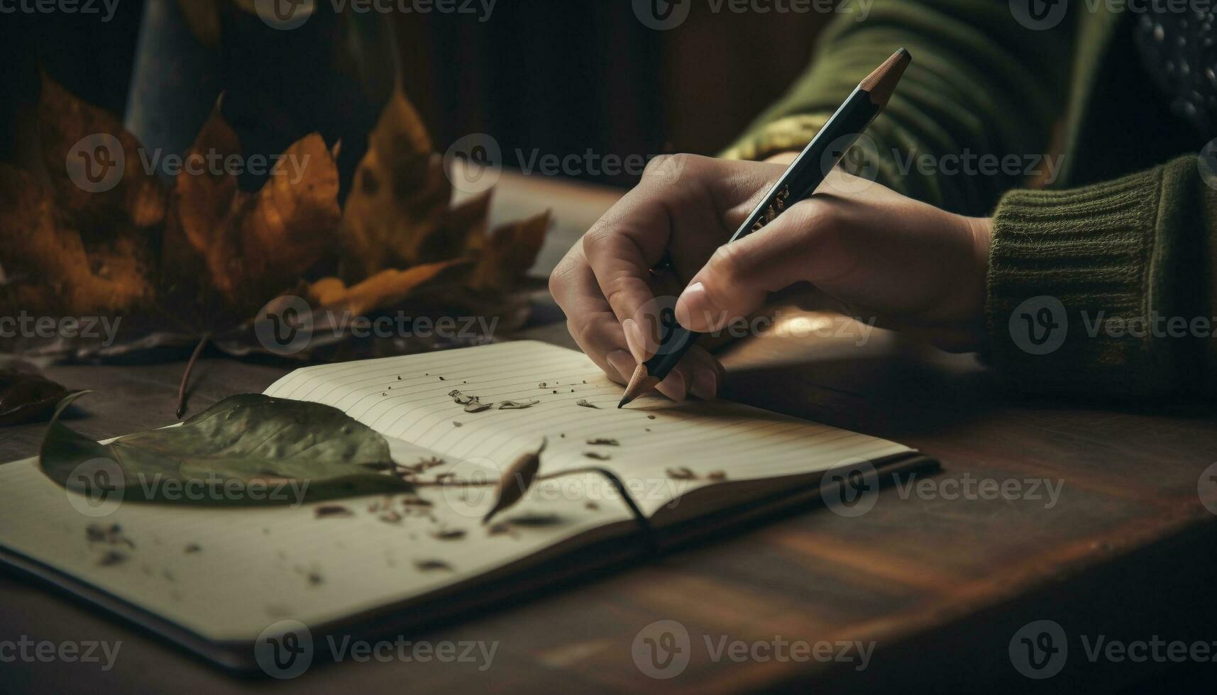 handschrift Aan papier, pen en potlood dichtbij omhoog gegenereerd door ai foto