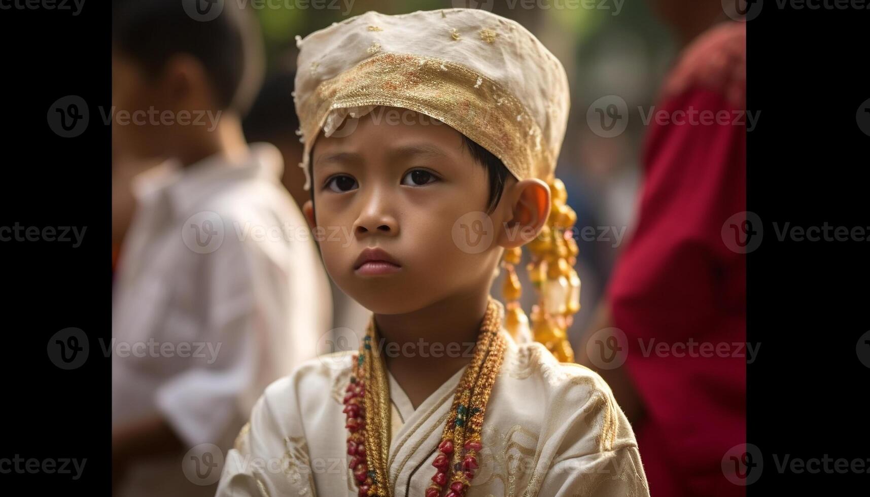 glimlachen kinderen in traditioneel kleding vieren festival gegenereerd door ai foto