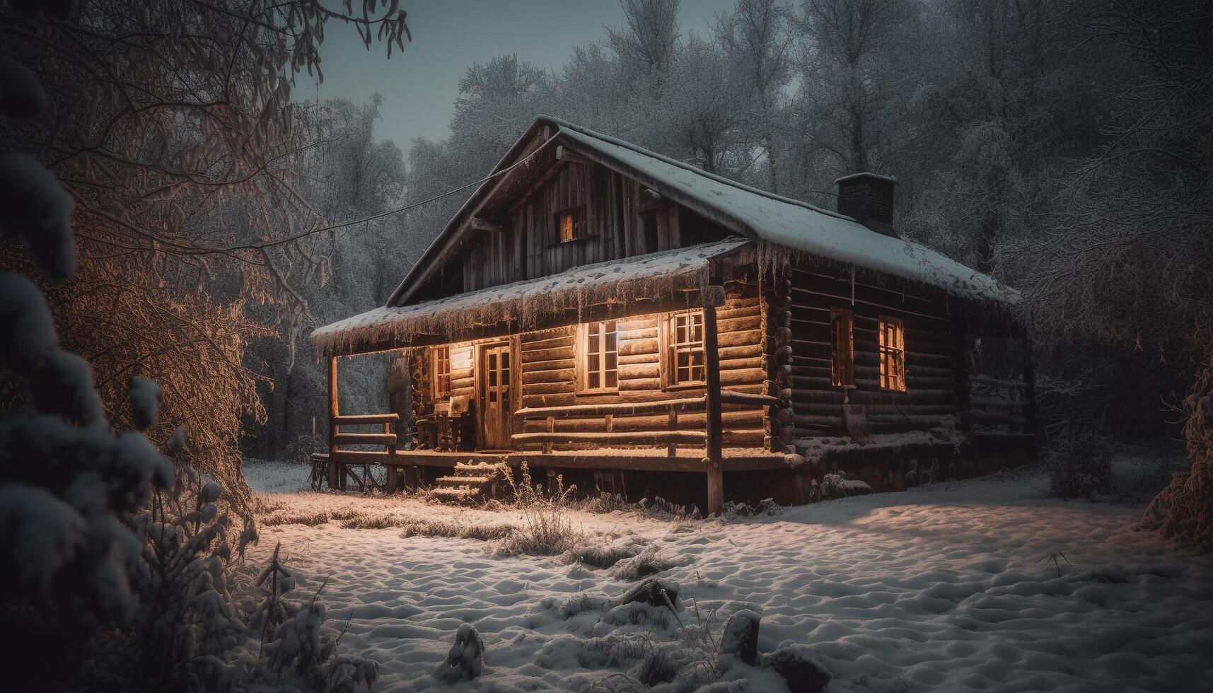 spookachtig log cabine in donker winter Woud gegenereerd door ai foto