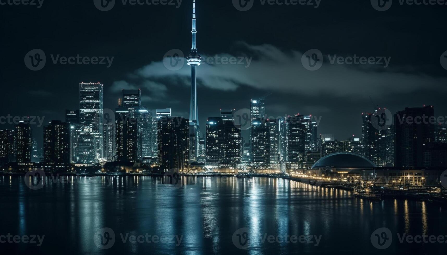 verlichte wolkenkrabbers reflecteren Aan de waterkant Bij schemer gegenereerd door ai foto