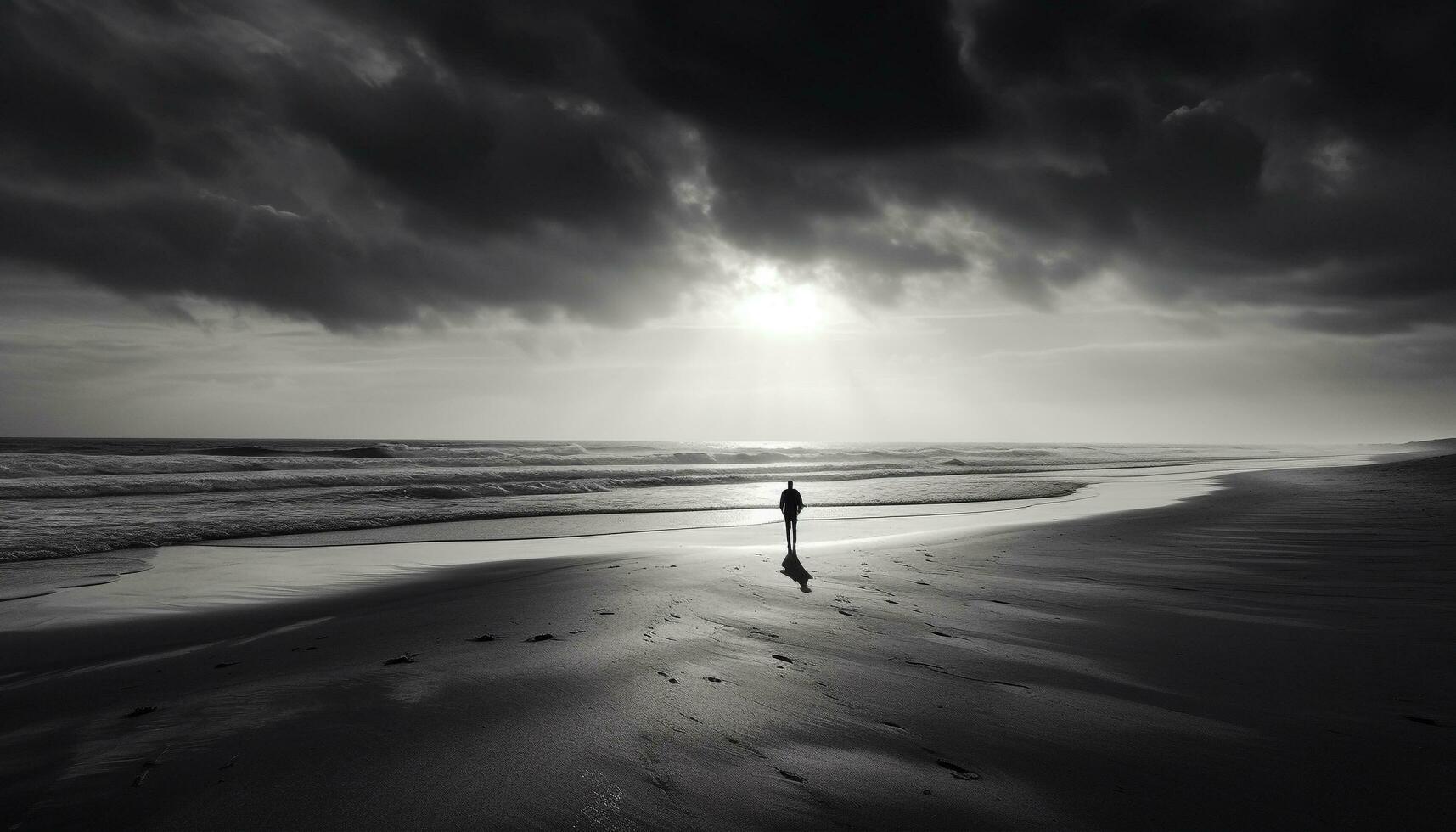 silhouet wandelen Aan sereen strand Bij schemer gegenereerd door ai foto