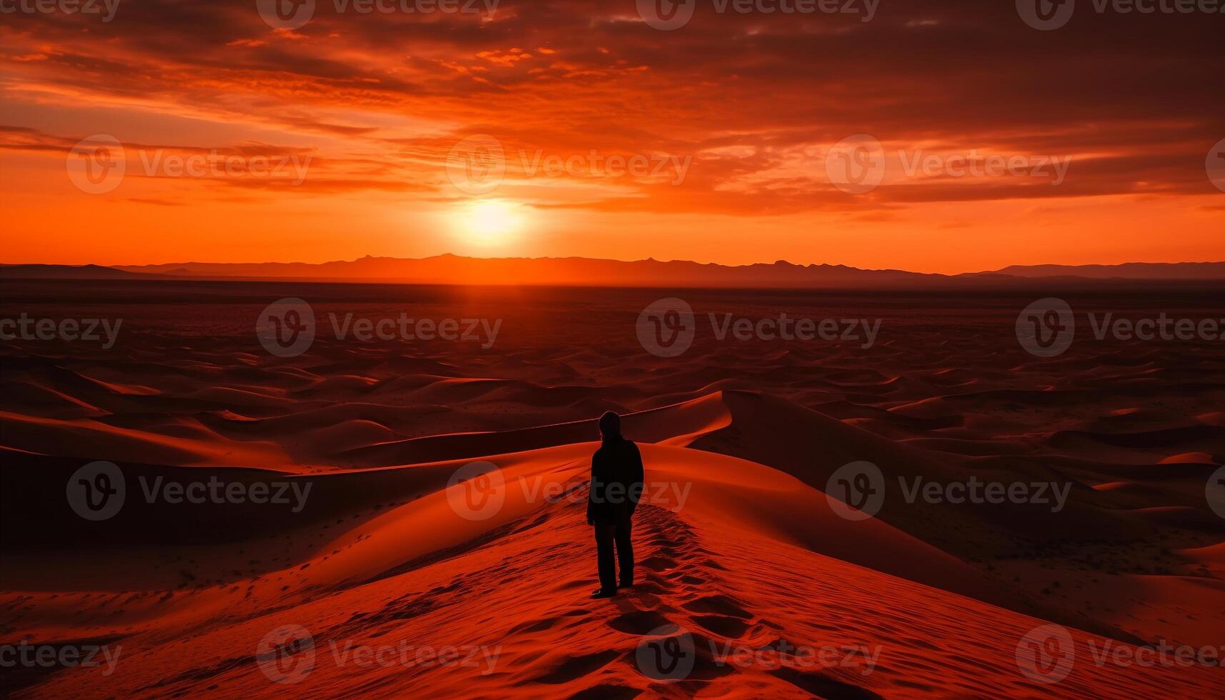 silhouet wandelen Aan zand duin Bij zonsondergang gegenereerd door ai foto