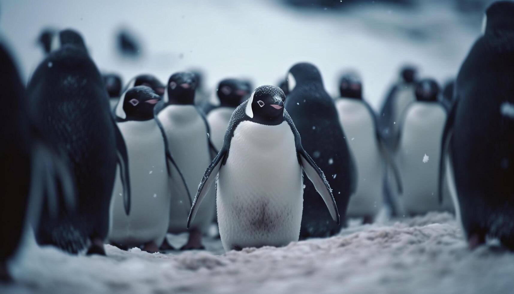 groep van pinguïns waggelen Aan bevroren ijs generatief ai foto