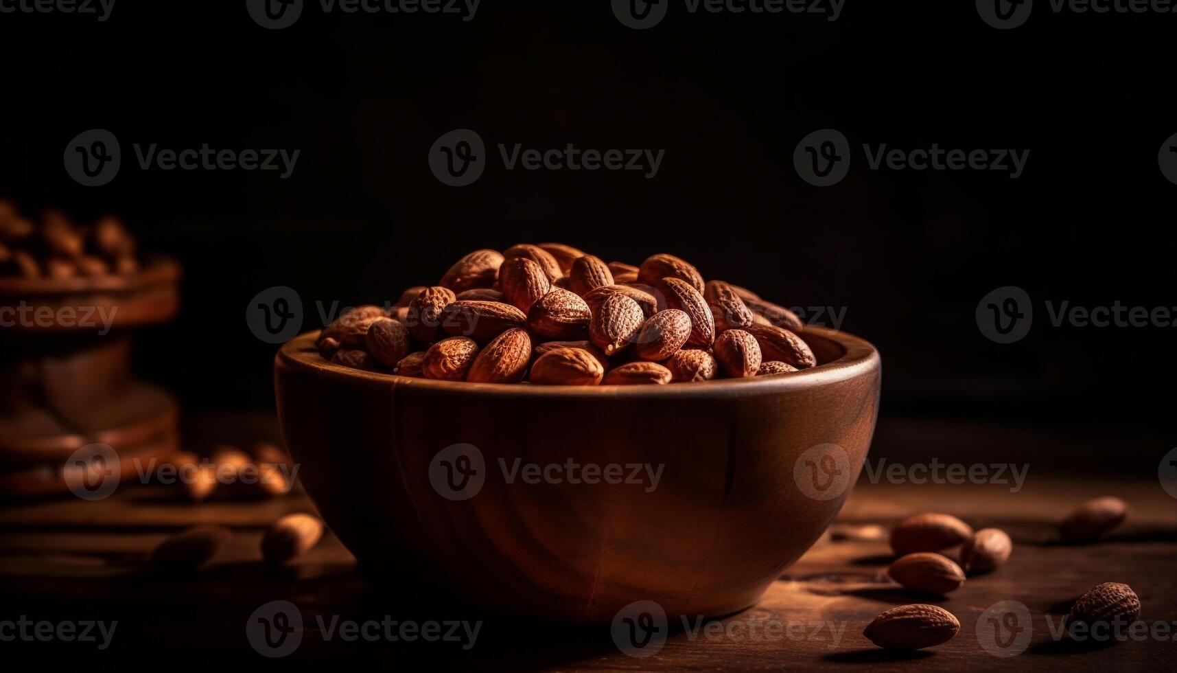 biologisch noot kom Aan rustiek houten tafel generatief ai foto