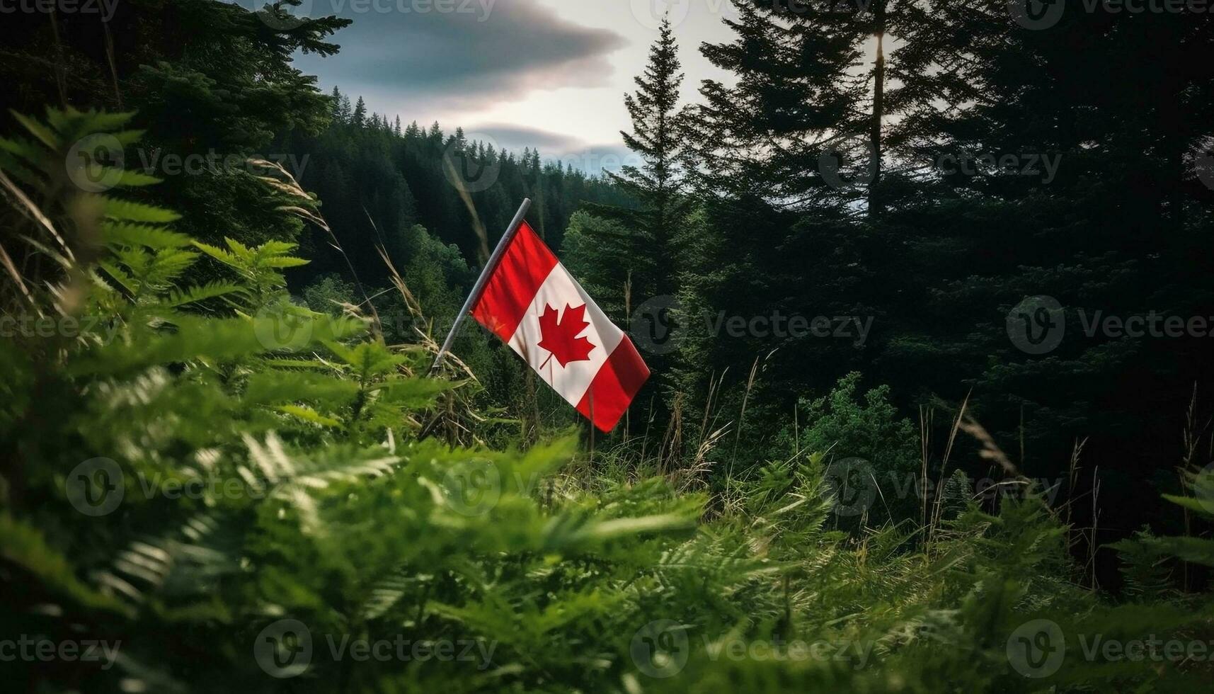 Canadees vlag golven majestueus in levendig natuur generatief ai foto