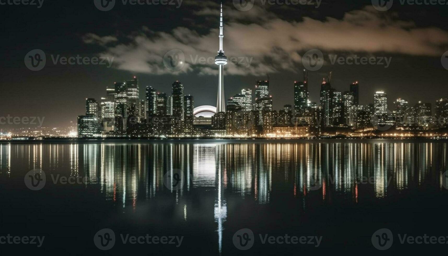 helder stad lichten reflecteren Aan waterkant wolkenkrabbers generatief ai foto
