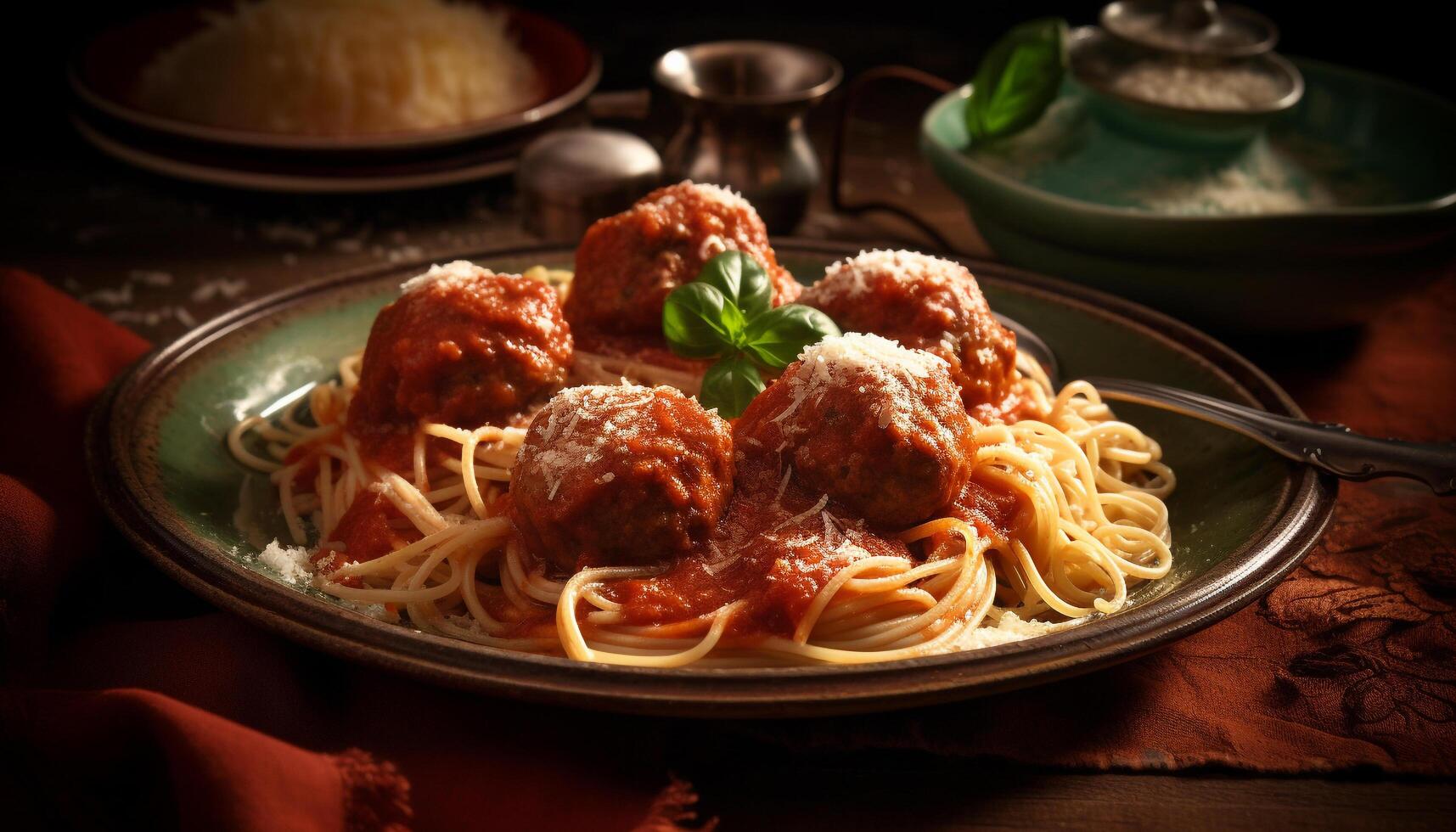 eigengemaakt pasta met gehaktballen en bolognese saus generatief ai foto