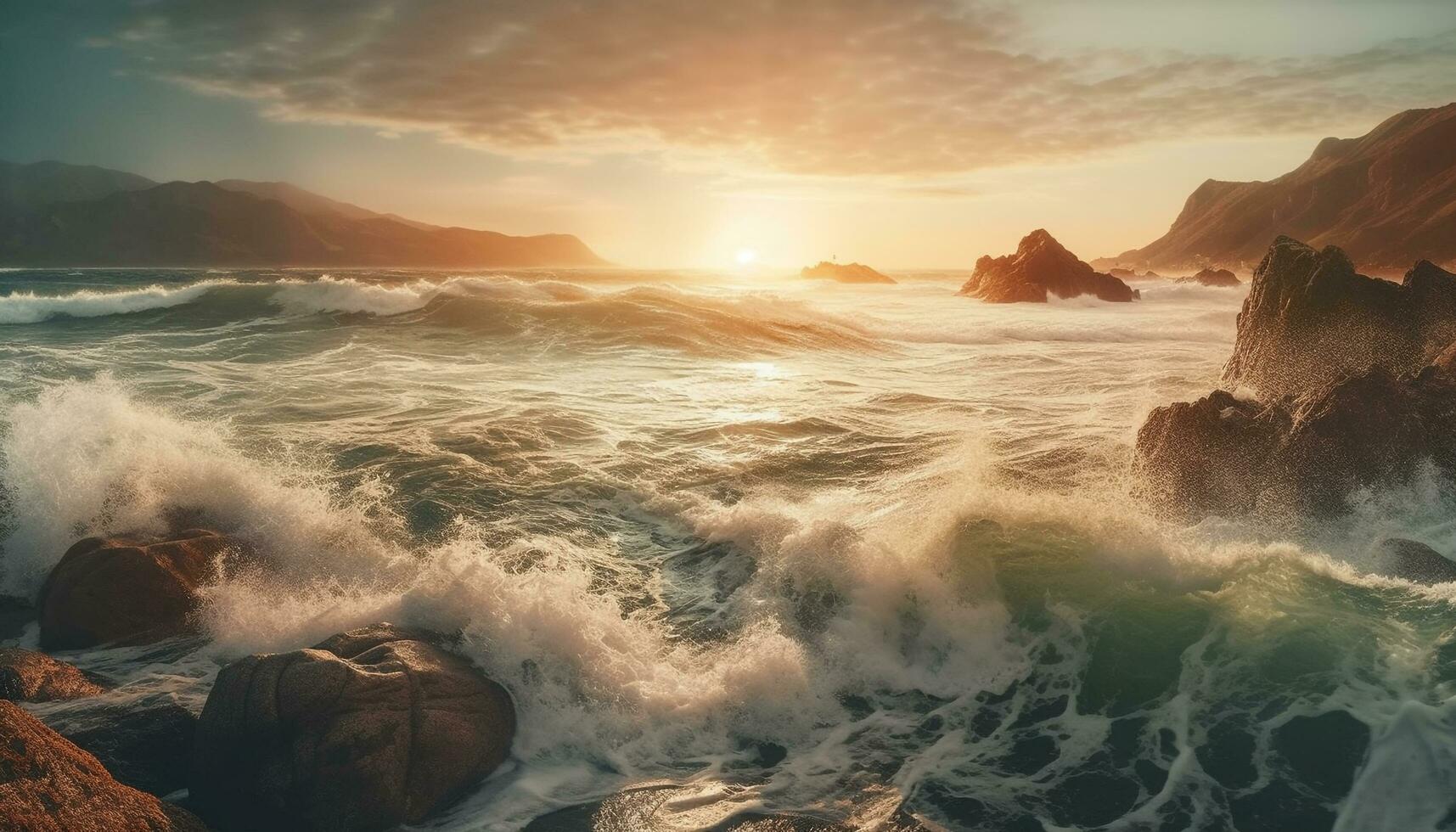 zonsondergang over- rustig wateren natuur schoonheid geopenbaard gegenereerd door ai foto