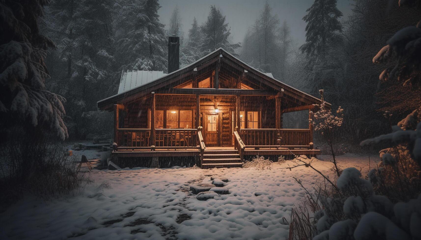 verlichte log cabine in besneeuwd Woud landschap generatief ai foto