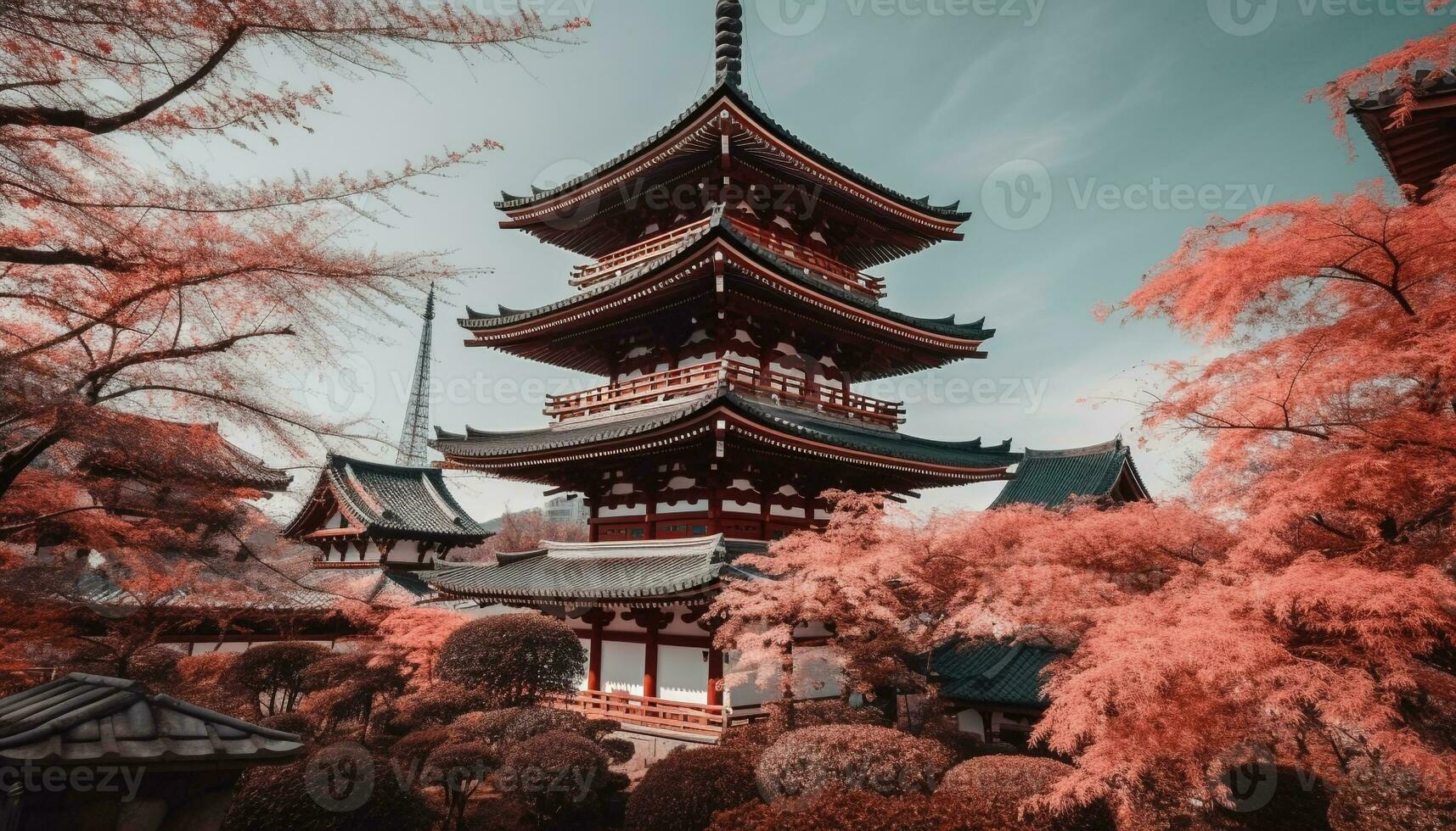 oude pagode staat hoog in herfst Woud gegenereerd door ai foto