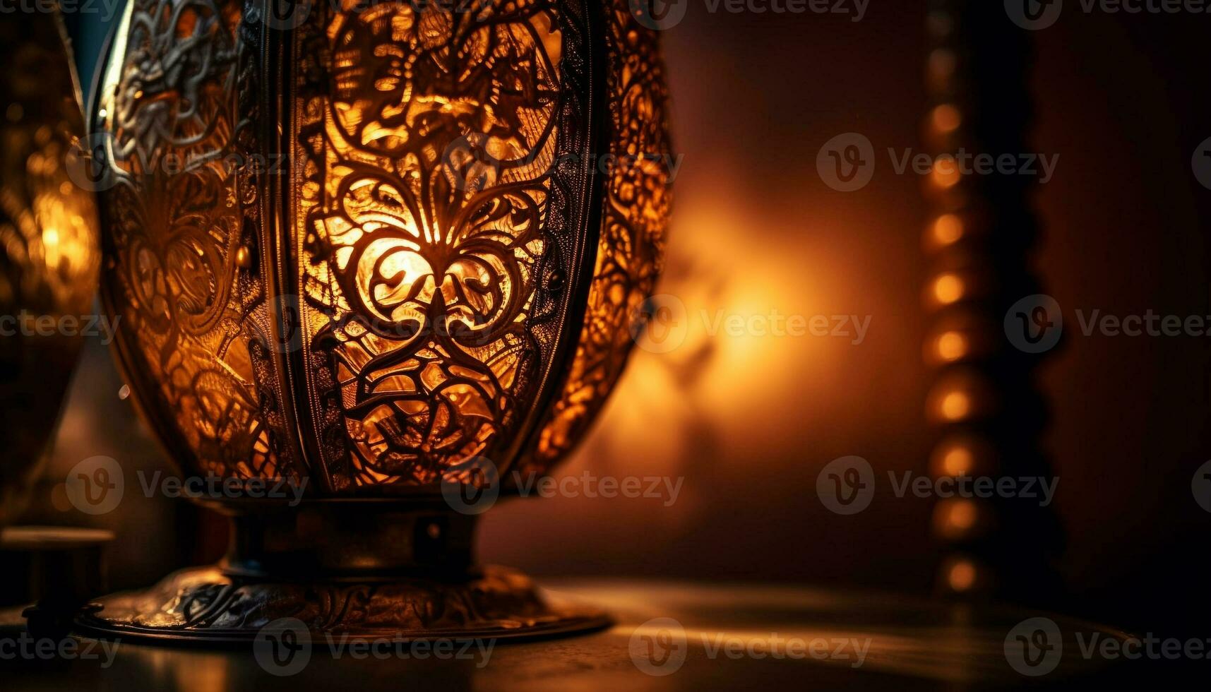 antiek lantaarn verlichte tafel overladen decoratie gloeit gegenereerd door ai foto