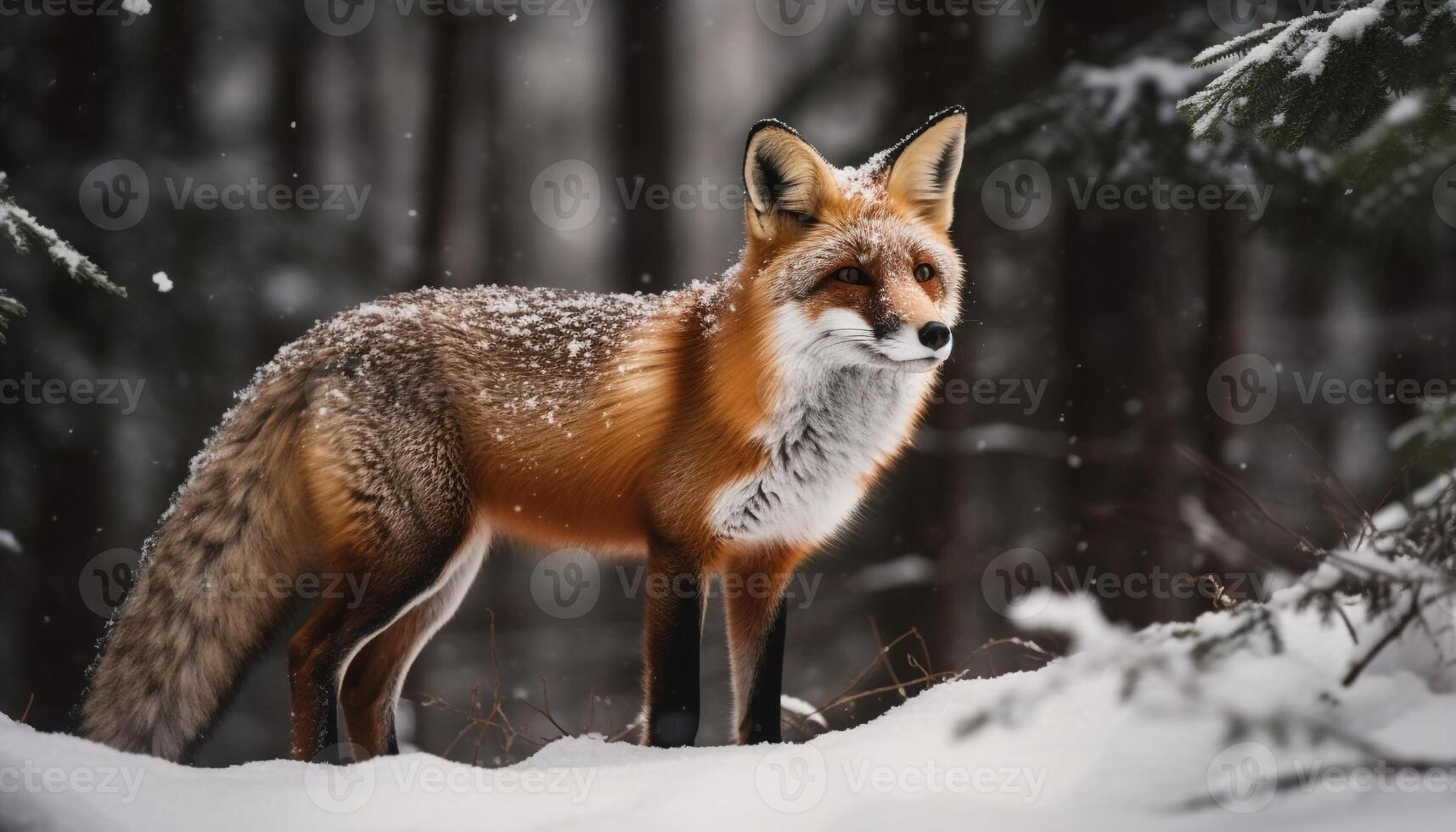 schattig rood vos op zoek Bij camera in sneeuw gegenereerd door ai foto