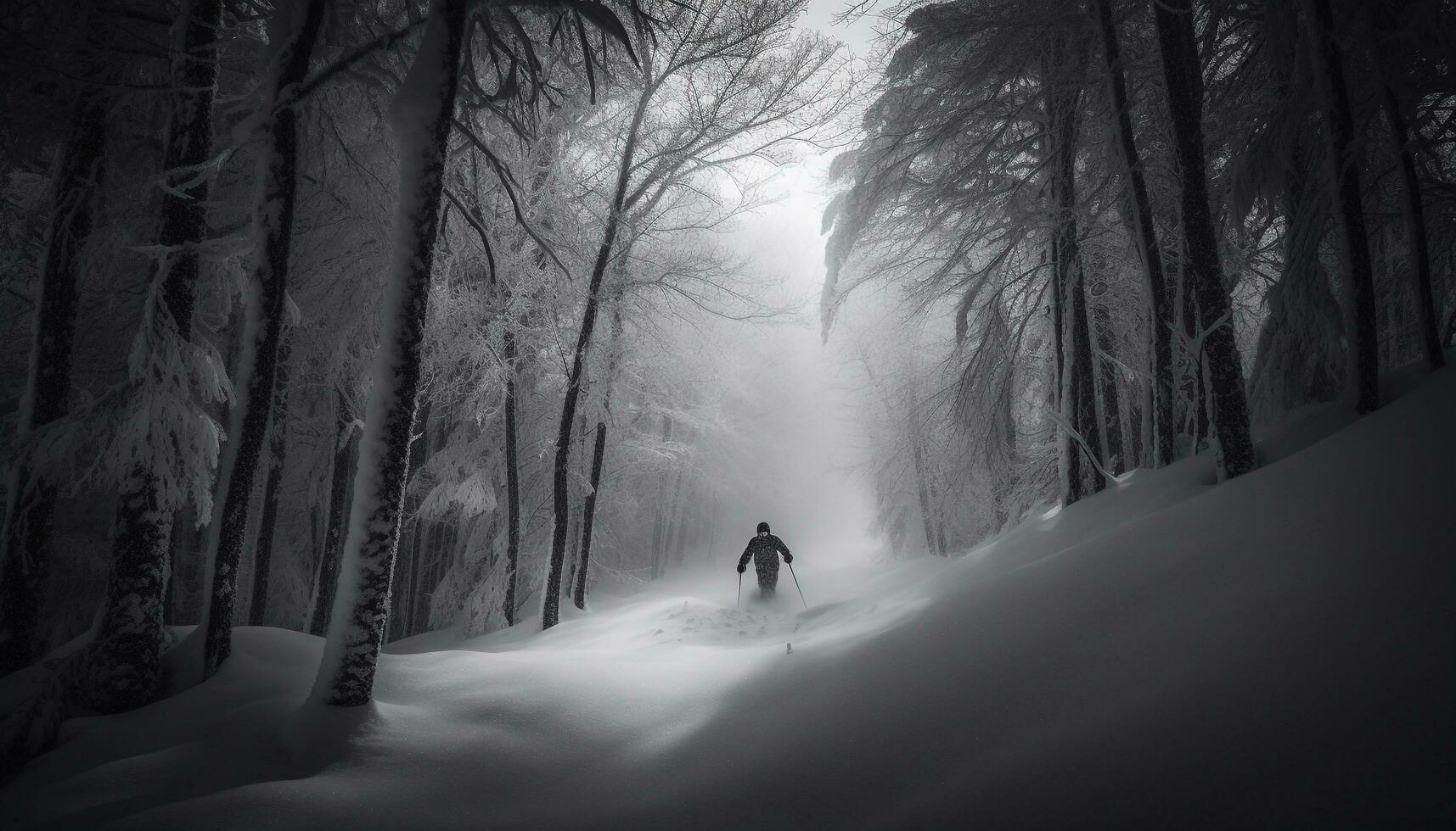 silhouet wandelen door mistig winter Woud alleen gegenereerd door ai foto