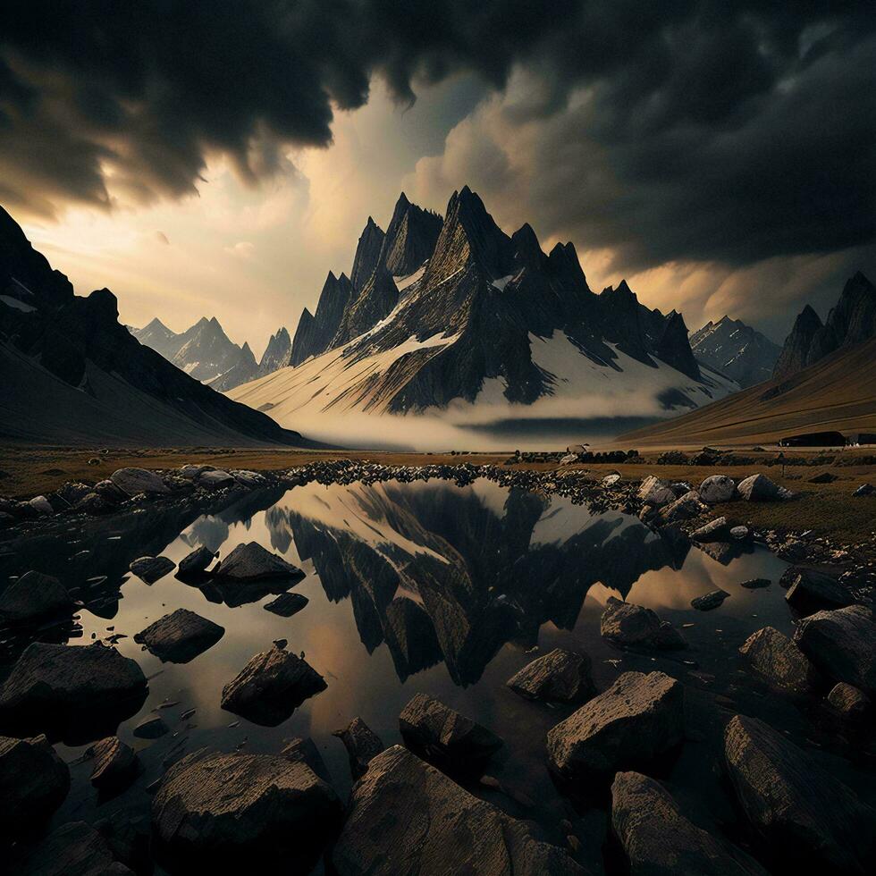 berg landschap met wolken en meer Bij zonsondergang, generatief ai foto