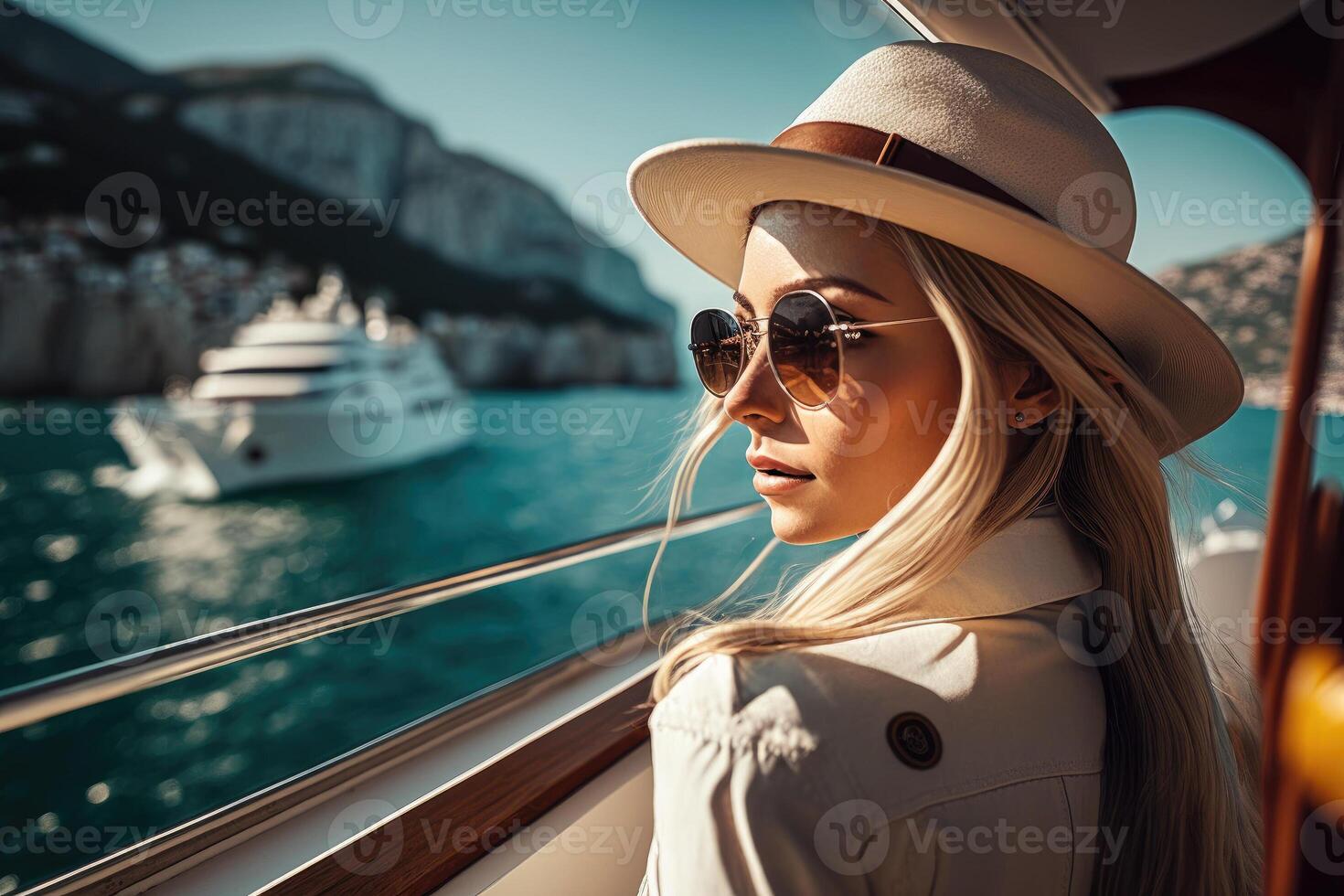 elegant vrouw staand Aan een jacht in de middellandse Zee zee ai gegenereerd foto