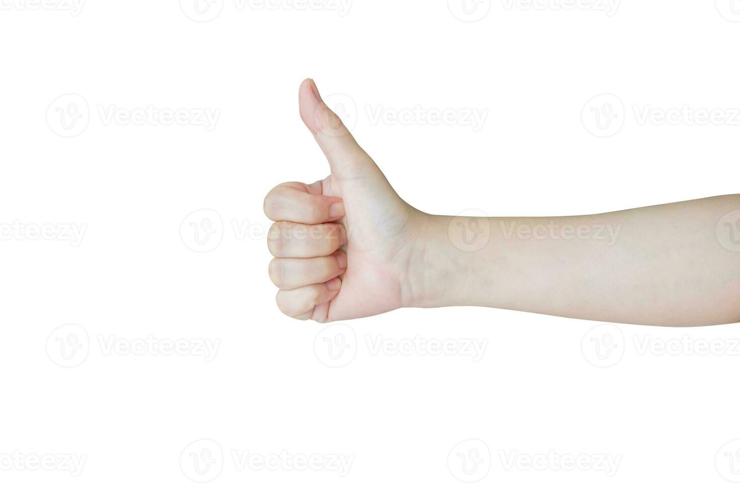 vrouw hand- gebaar duim omhoog teken geïsoleerd Aan wit achtergrond foto
