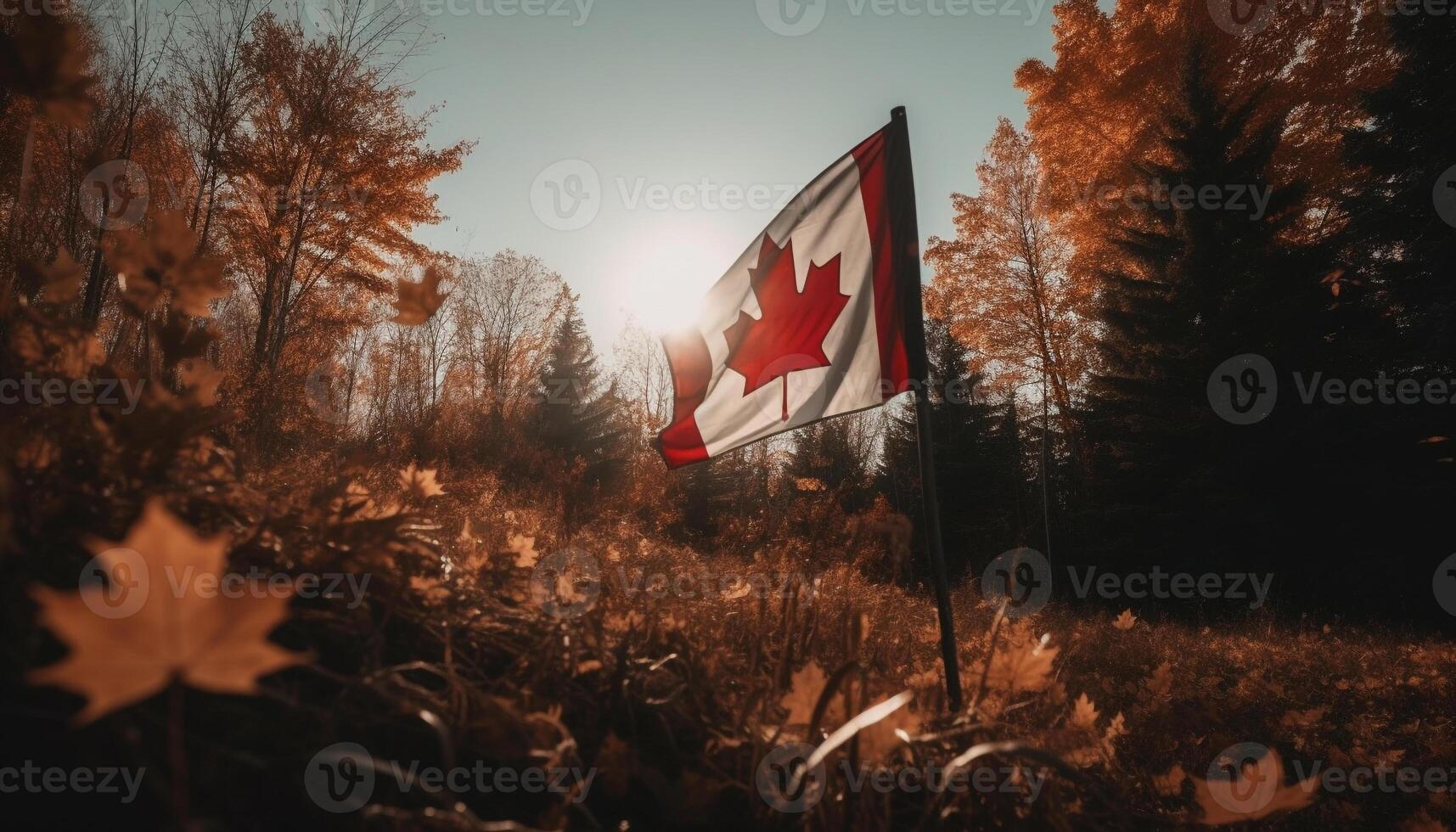 Canadees vlag terug lit door herfst zonsondergang gegenereerd door ai foto