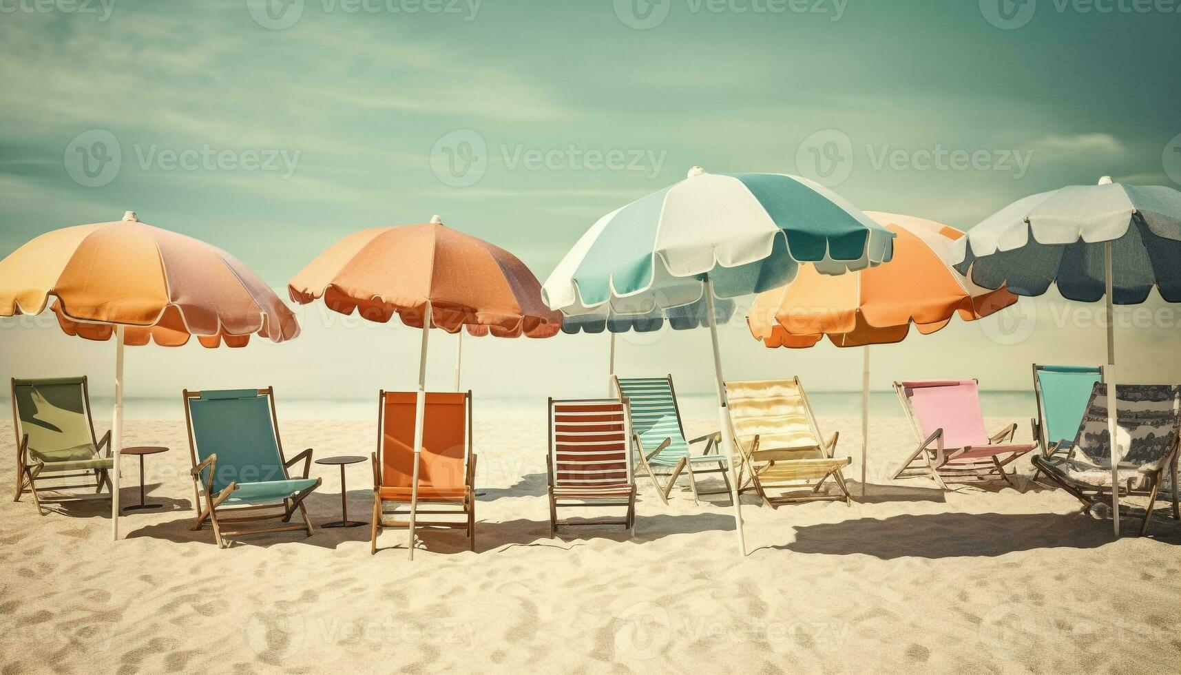 zonnen Aan de strand, onder geel paraplu gegenereerd door ai foto