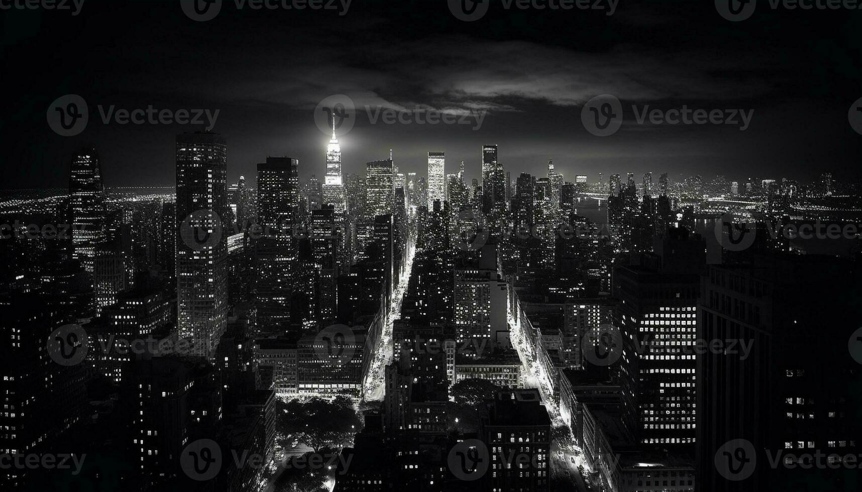 zwart en wit stad horizon verlichte Bij schemer gegenereerd door ai foto