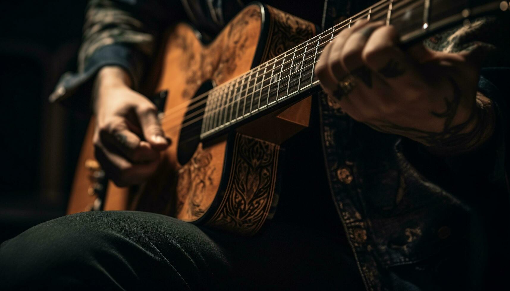 een geschoold gitarist plukken strings Aan een akoestisch instrument gegenereerd door ai foto