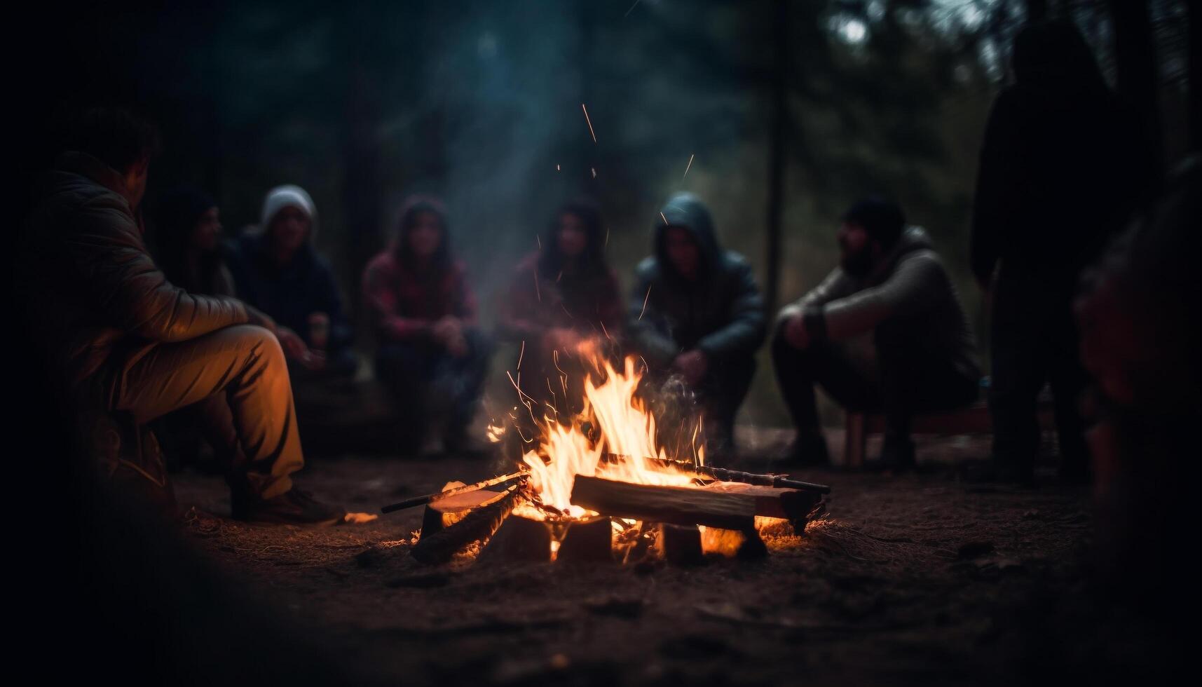 een groep van vrolijk vrienden zitten in de omgeving van een gloeiend kampvuur gegenereerd door ai foto