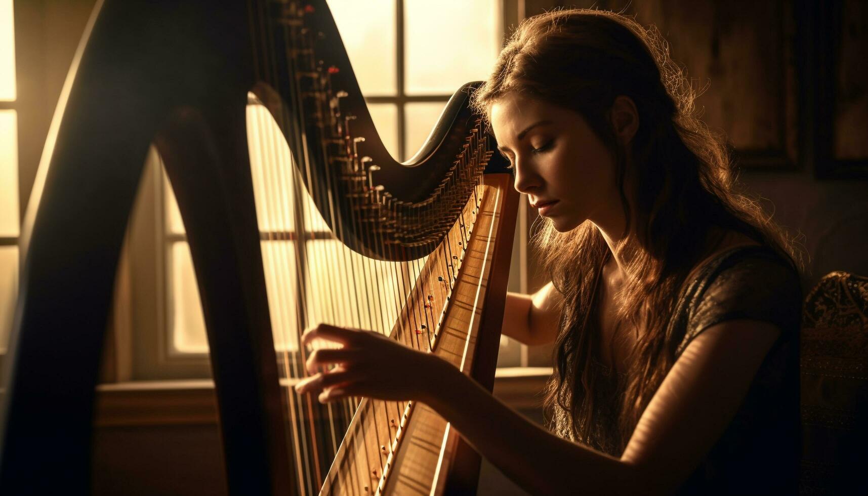 een jong vrouw musicus spelen akoestisch gitaar, beoefenen akkoord vaardigheid gegenereerd door ai foto