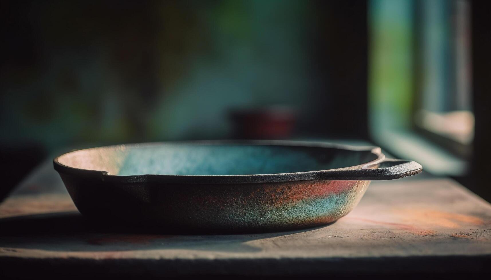 rustiek pottenbakkerij kom Aan houten tafel, omringd door serviesgoed gegenereerd door ai foto