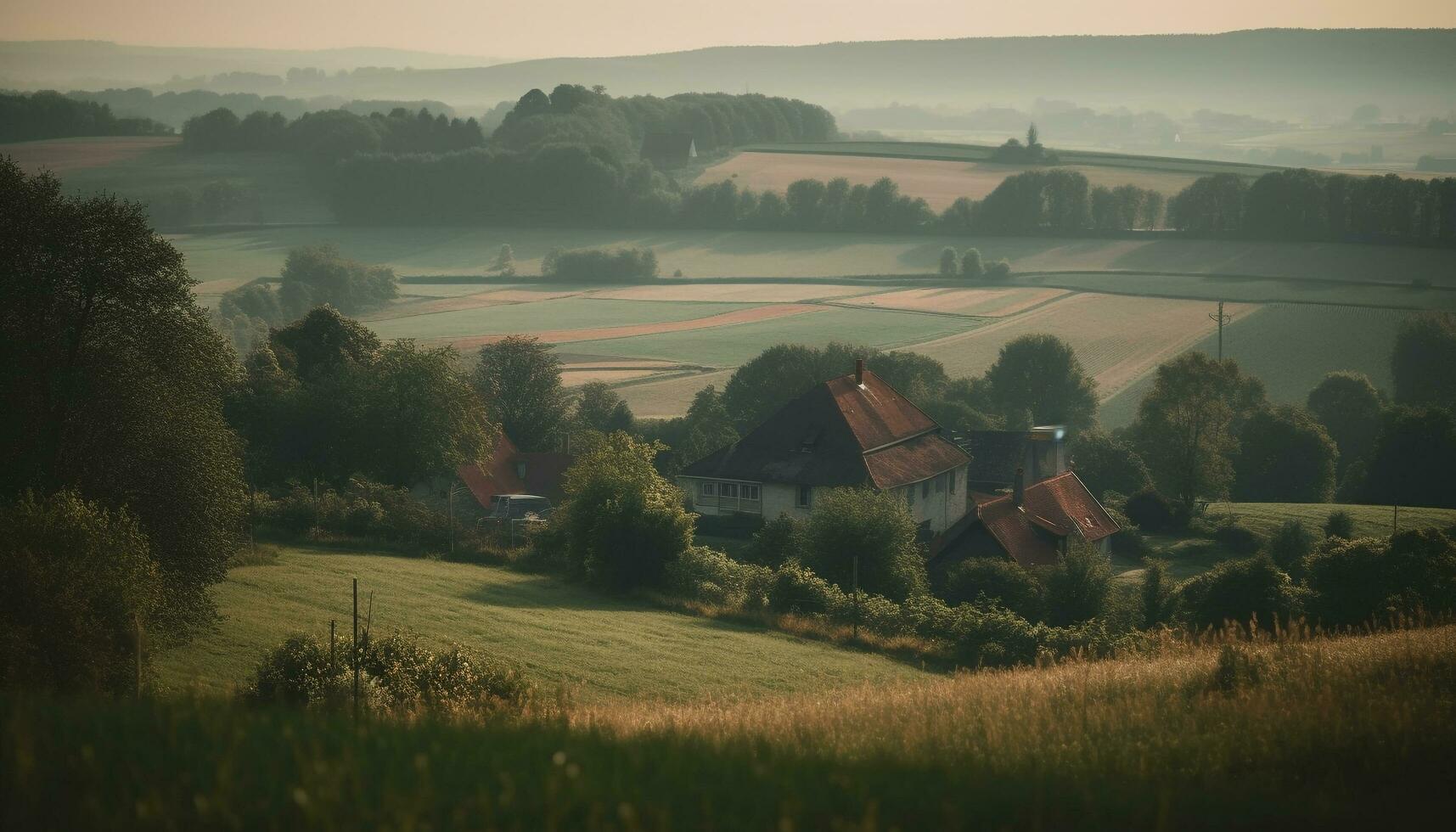 rustig zonsondergang over- idyllisch landelijk boerderij, omringd door natuur schoonheid gegenereerd door ai foto