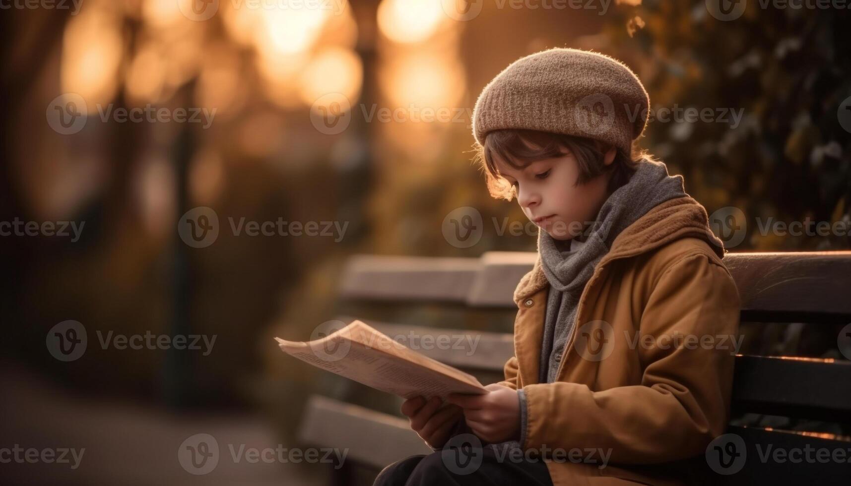 een gelukkig schooljongen lezing een boek Aan een bank buitenshuis gegenereerd door ai foto