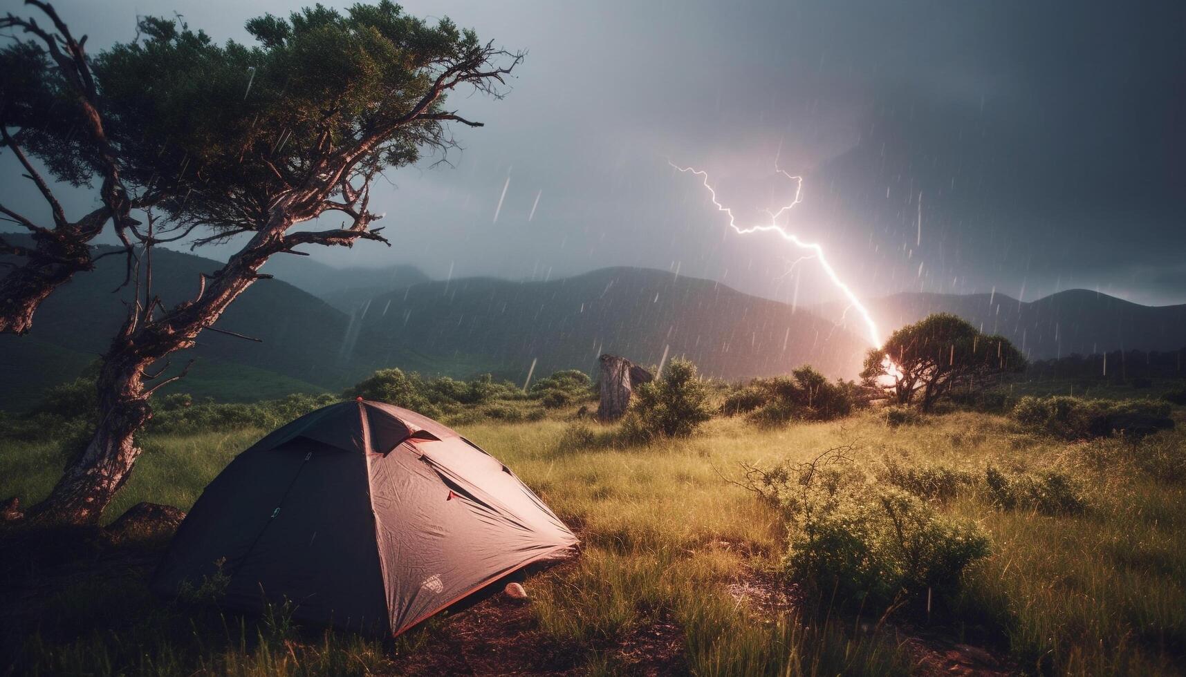 camping in de wildernis, omringd door bergen en Woud gegenereerd door ai foto