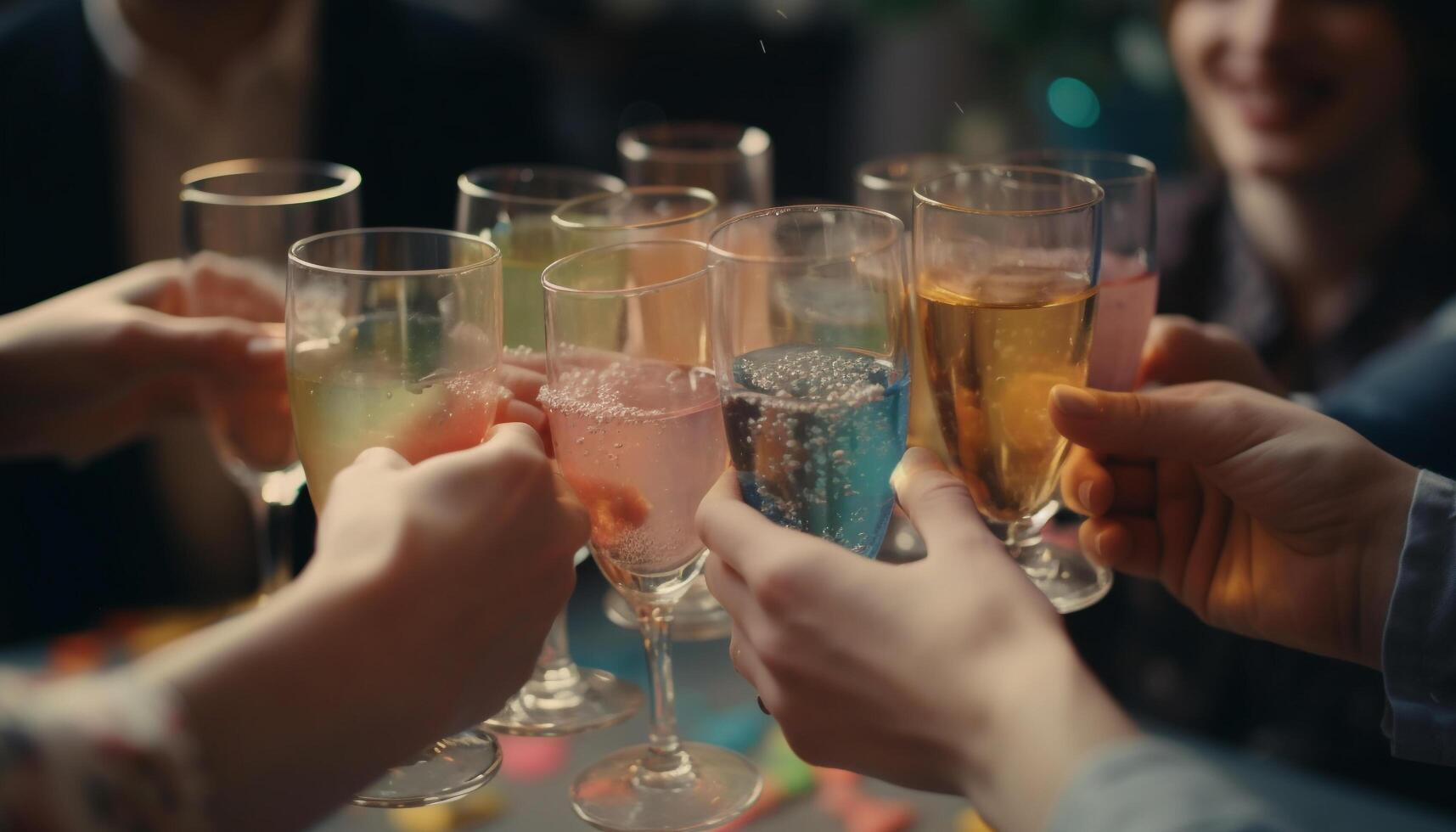 groep van vrienden proost met Champagne Bij levendig nachtclub partij gegenereerd door ai foto