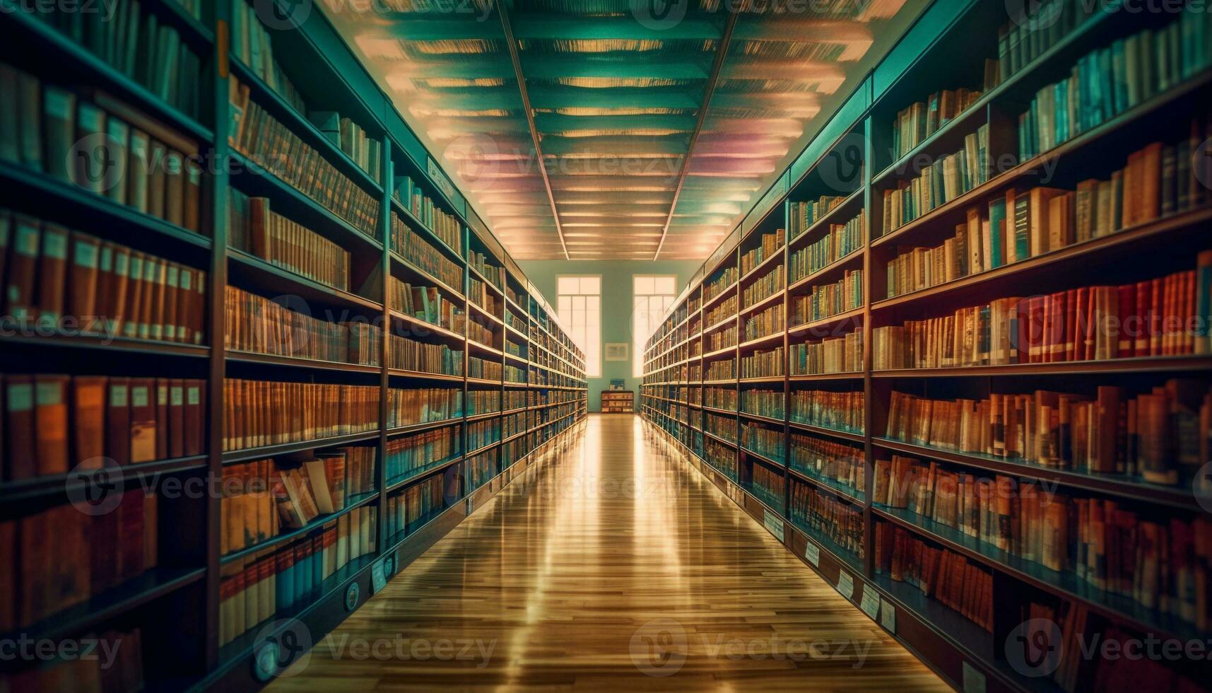 een groot verzameling van oude hardcover boeken in een vaag lit bibliotheek gegenereerd door ai foto