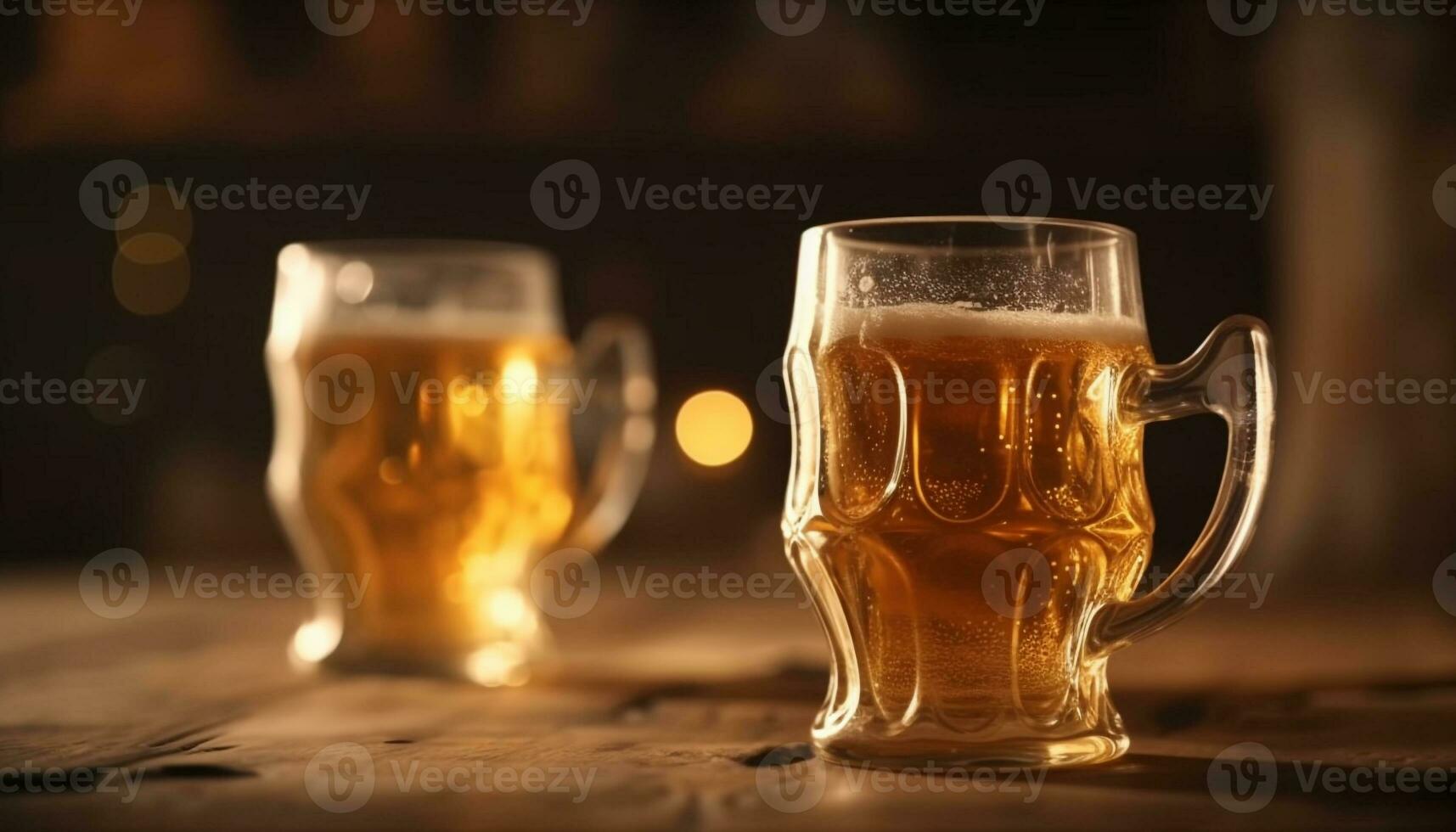 een schuimig goud pint van vers bier Aan een houten tafel gegenereerd door ai foto