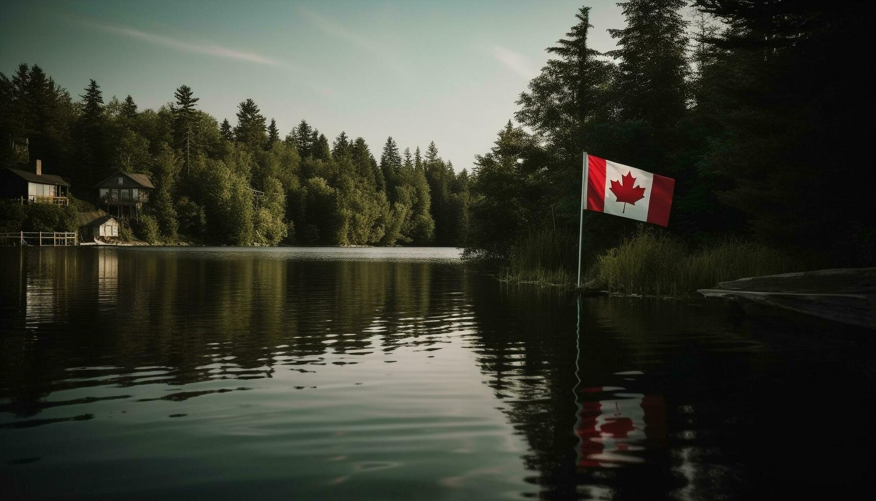 de majestueus Canadees vlag golven over- een rustig Woud landschap gegenereerd door ai foto