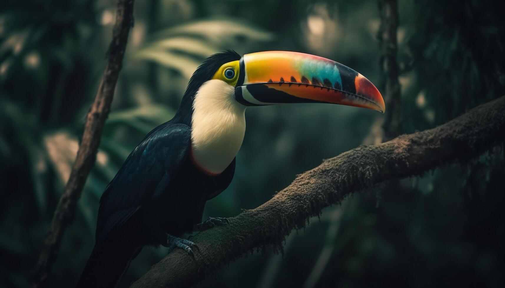 levendig toekan neerstrijken Aan tak, schoonheid in natuur kleuren gegenereerd door ai foto