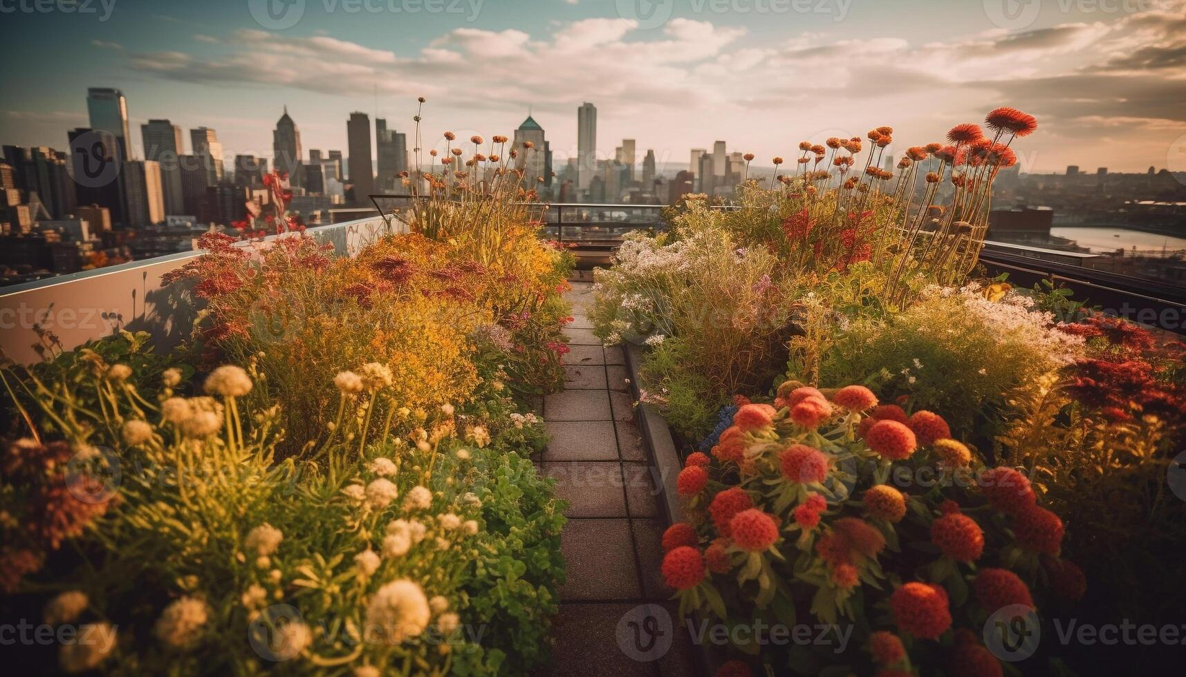 zonsondergang over- financieel wijk creëert multi gekleurde stedelijk horizon panorama gegenereerd door ai foto