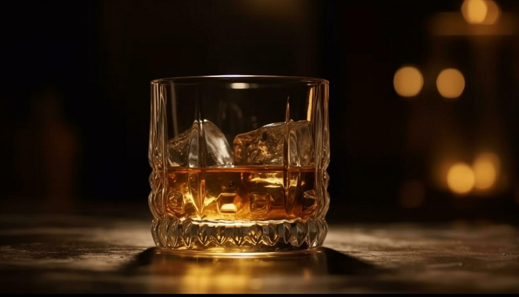 een luxueus goud gekleurde whisky fles weerspiegelt een donker, elegant achtergrond gegenereerd door ai foto