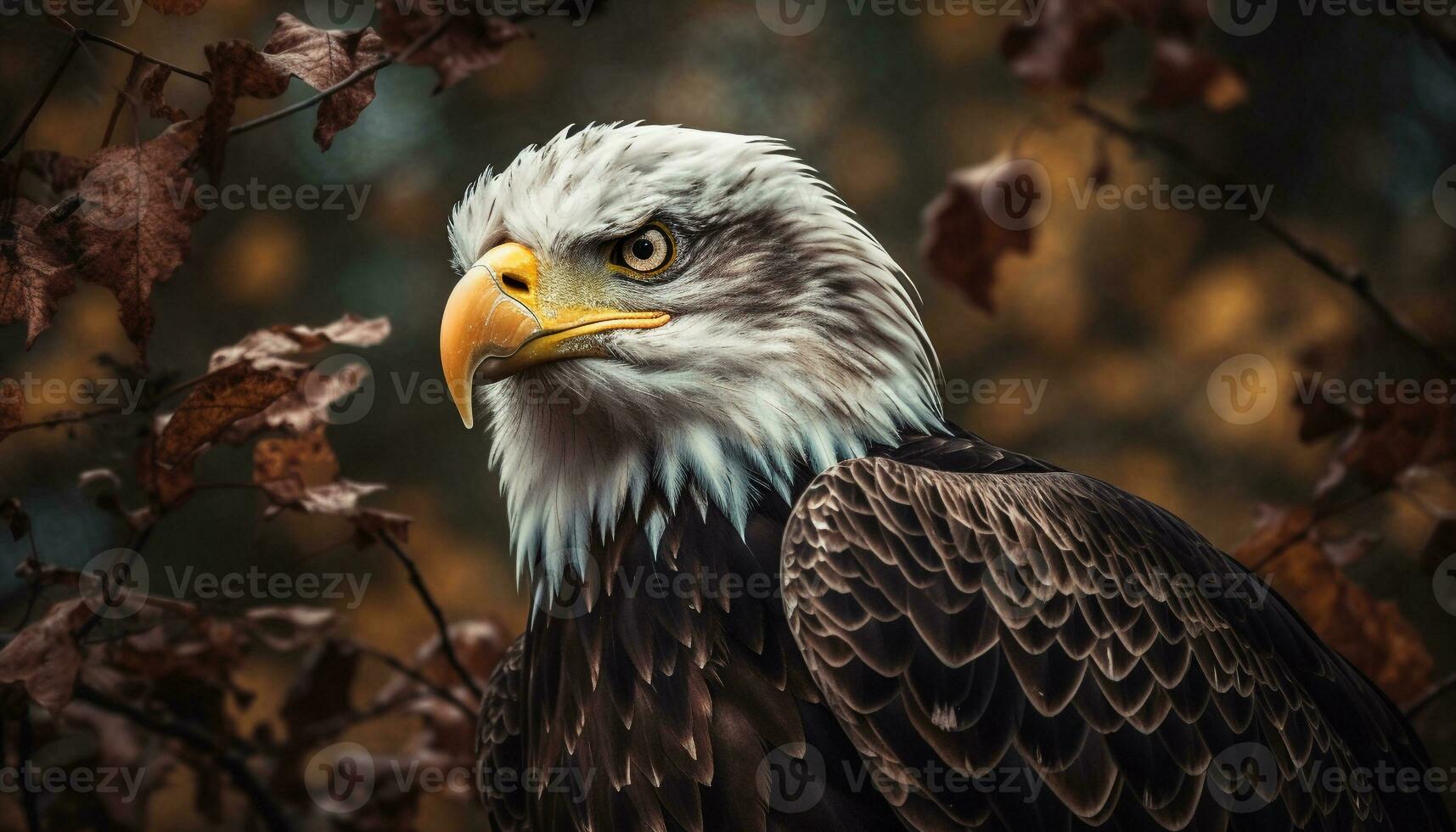 de majestueus kaal adelaar neerstrijken Aan een tak, dichtbij omhoog portret gegenereerd door ai foto