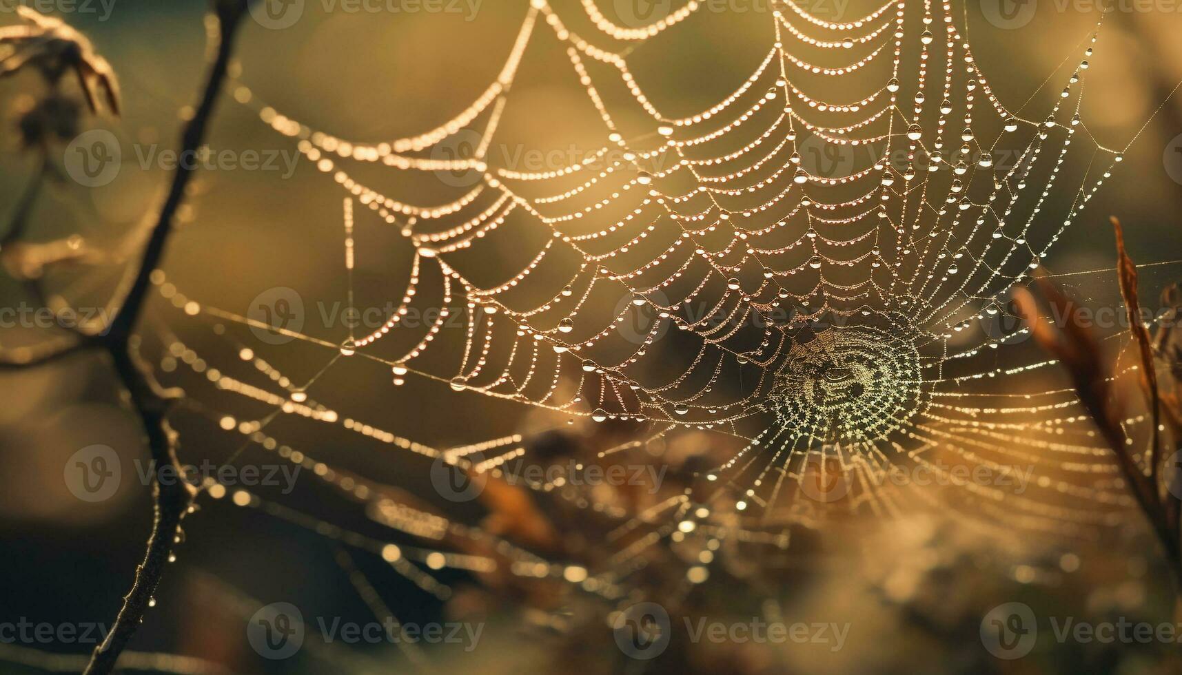 spin spins ingewikkeld web, vastleggen dauw druppels in herfst Woud gegenereerd door ai foto
