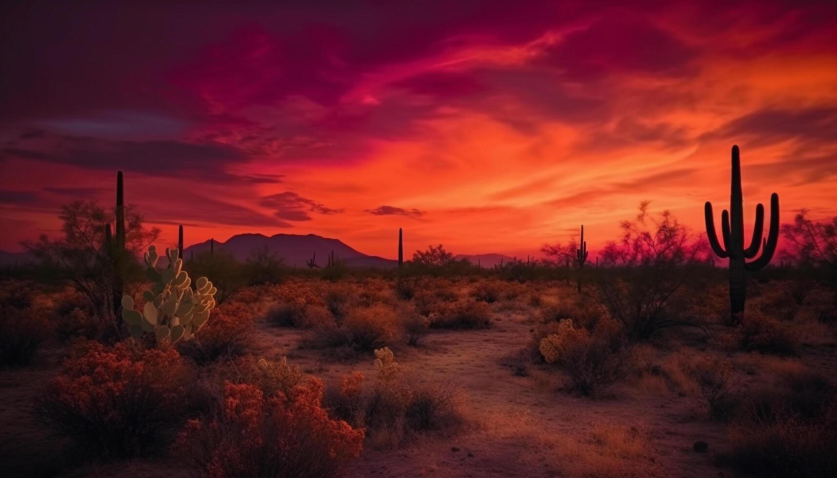 silhouet van saguaro cactus tegen oranje zonsondergang in dor klimaat gegenereerd door ai foto