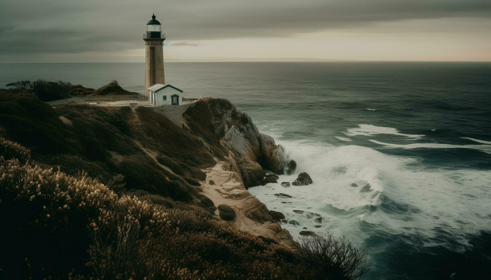 de baken licht gidsen zeelieden door gevaarlijk wateren Bij schemer gegenereerd door ai foto