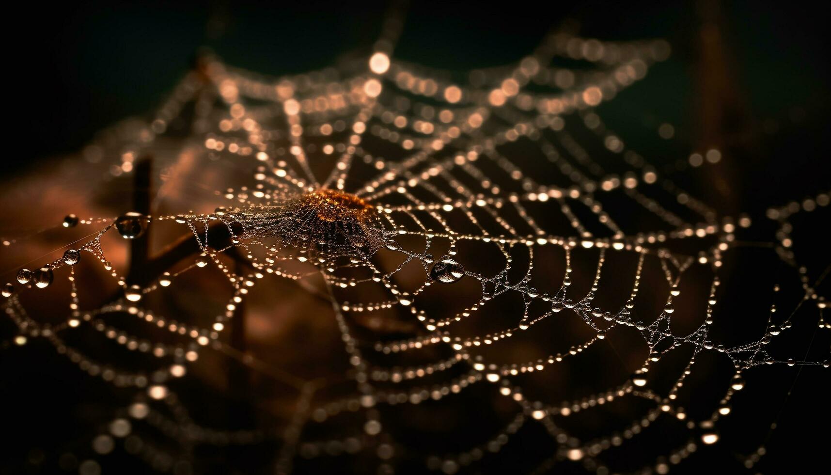 spin spins bedauwd web, vangen regendruppels in spookachtig Woud gegenereerd door ai foto