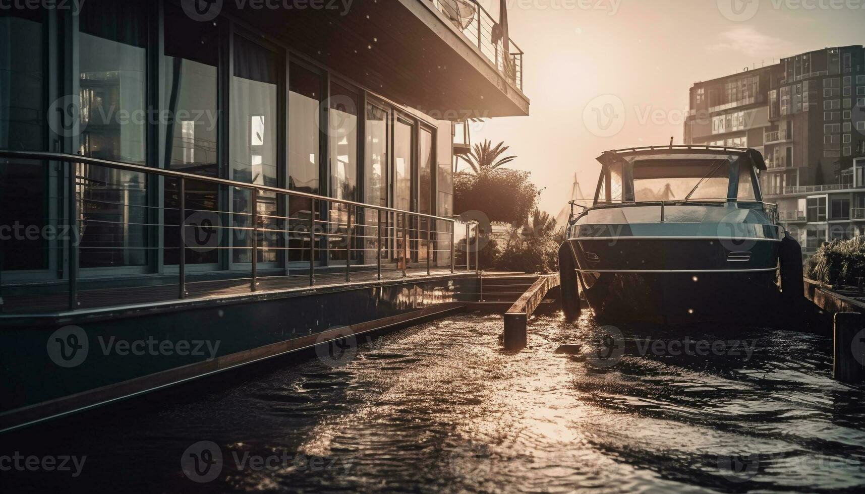 het rijden wijnoogst auto Aan waterkant, bewonderend zonsondergang en stadsgezicht gegenereerd door ai foto