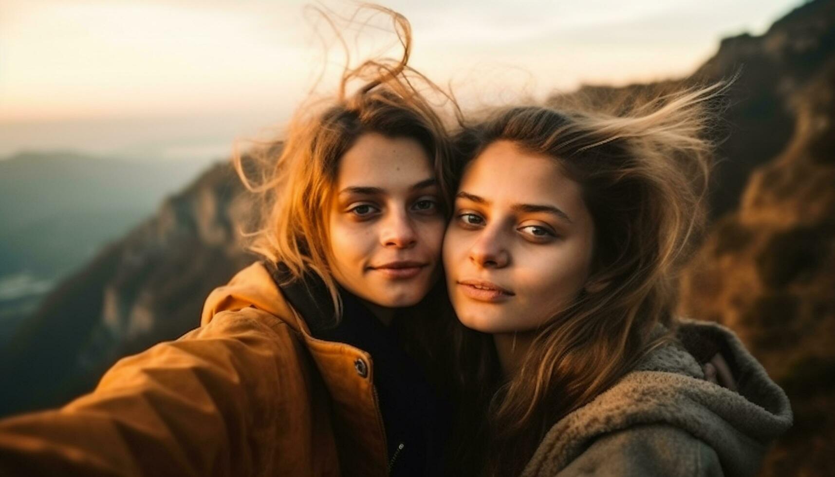 twee jong Dames omarmen, lachend, genieten van warm herfst zonsondergang buitenshuis gegenereerd door ai foto