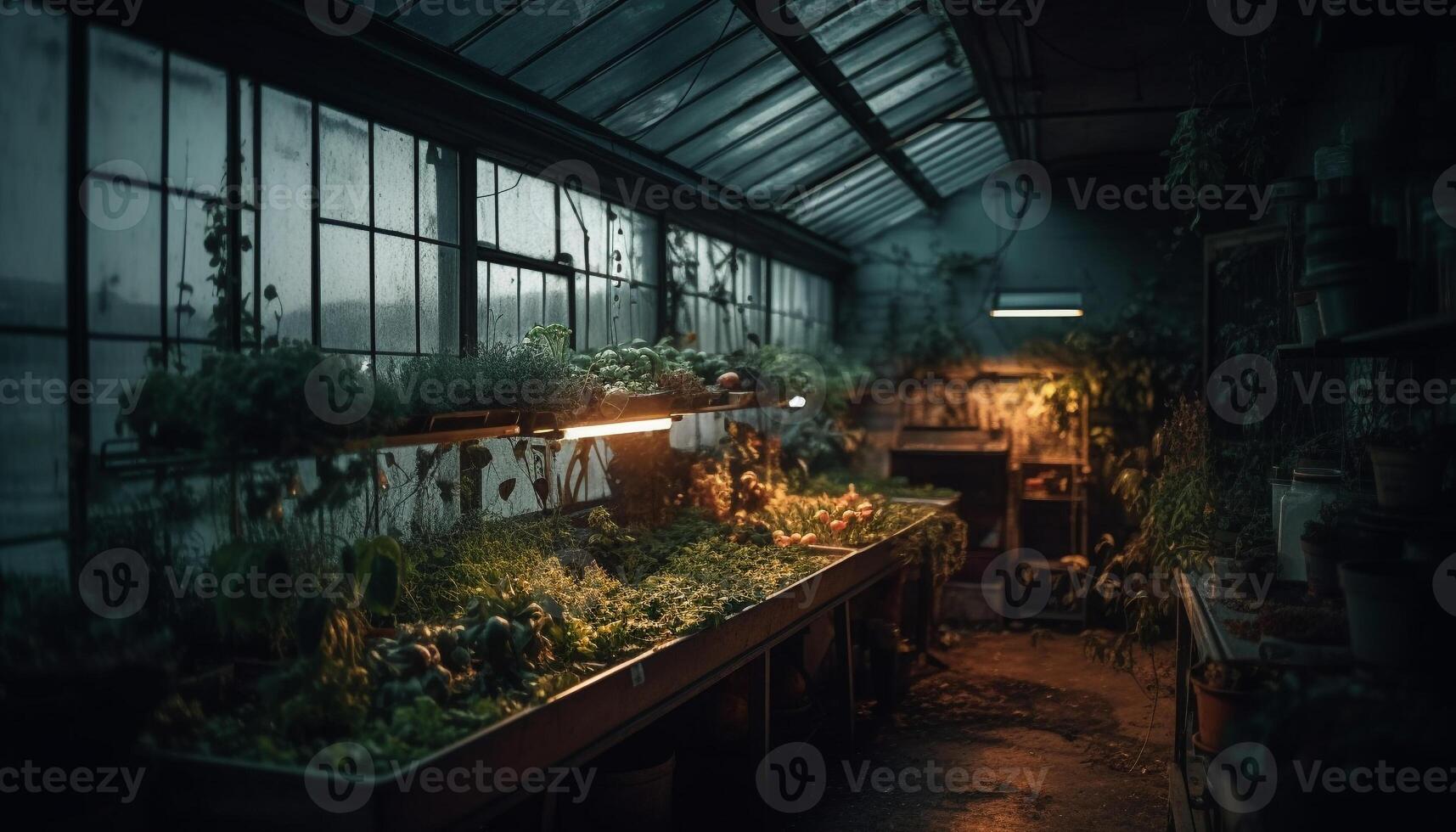 verlaten kas in oud fabriek, Nee mensen, natuur groei afwezig gegenereerd door ai foto