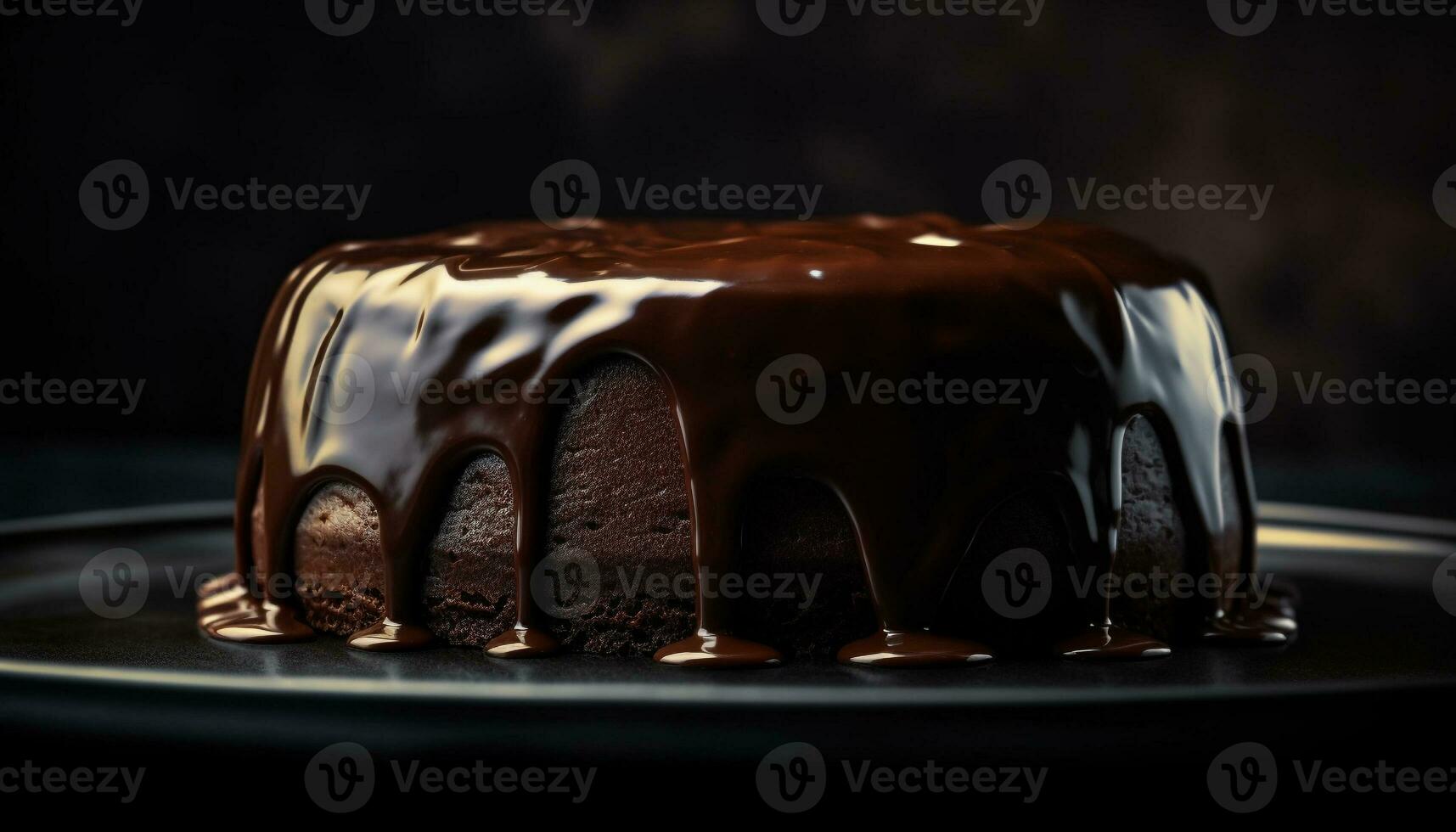 een decadent plak van eigengemaakt chocola taart Aan een bord gegenereerd door ai foto